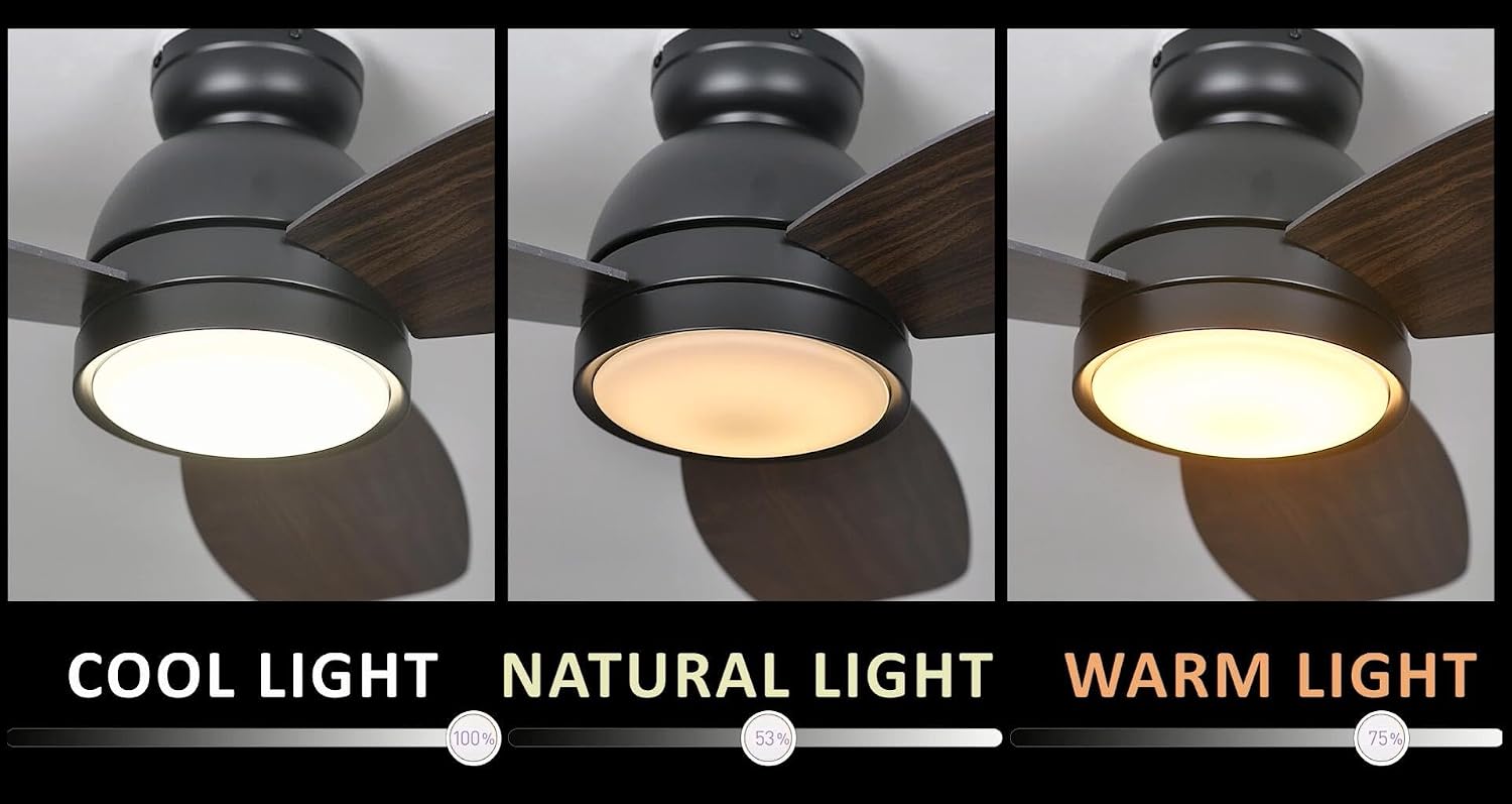 Carro 44' Ceiling Fan with Light Flush Mount, DC 10 Speeds Silent Ceiling Fan with Remote, 3 Light Colors Dimmable LED Ceiling Fan for Living Room, Bedroom, Dark Walnut