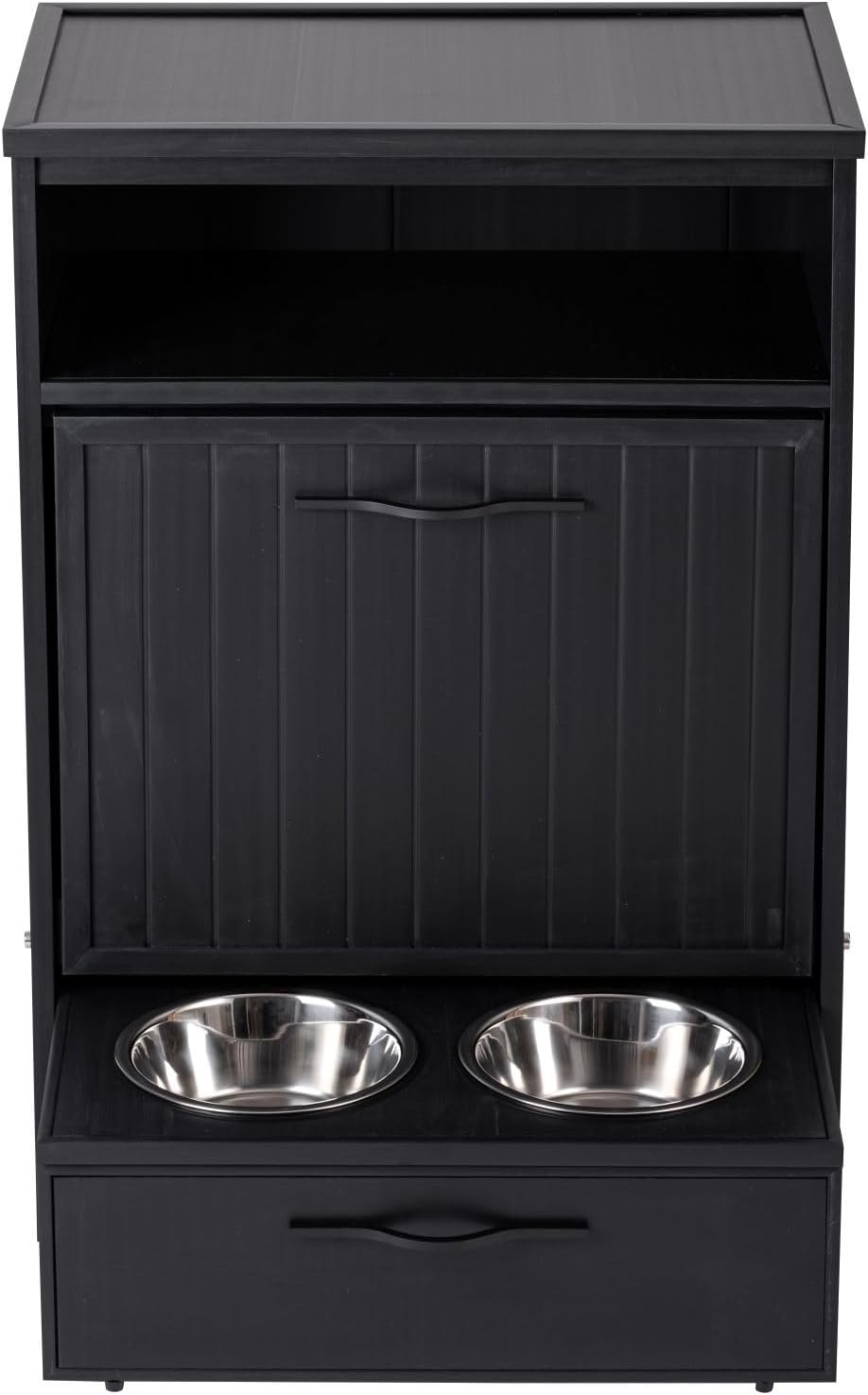 New Age Pet ECOFLEX Brea Dog Food Pantry in Black, Two 32 oz Bowls, Moisture Resistant, Easy Assembly, Holds 25 lbs