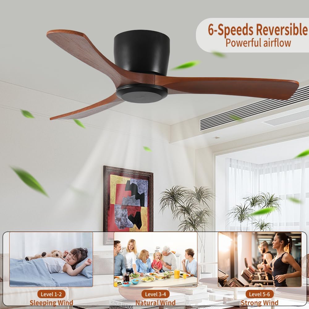 Wood Ceiling Fan No Light Flush Mount,42 In Low Profile Ceiling Fan without light,6-Speed Noiseless DC Motor Reversible,Timer,Remote Control for Bedroom Living Room Outdoor Patio Porch,ETL Listed