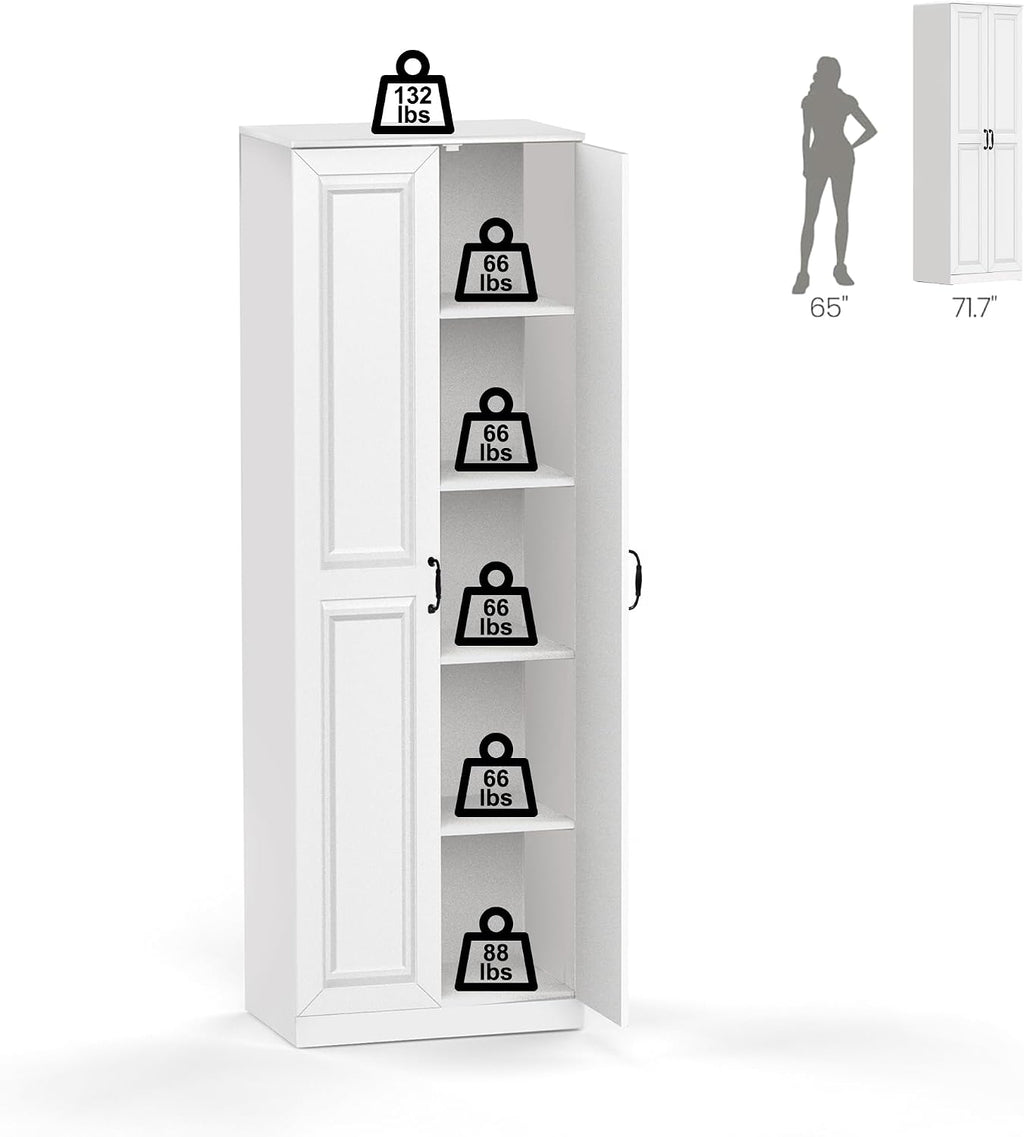 Storage Cabinet/Pantry cabinets, Soft White Finish, 71' Tall Wood Cupboard with 2 Door and 3 Adjustable Shelves for Kitchen, Dining Room, Living Room, Bathroom (Style 1) | Wood Cupboard