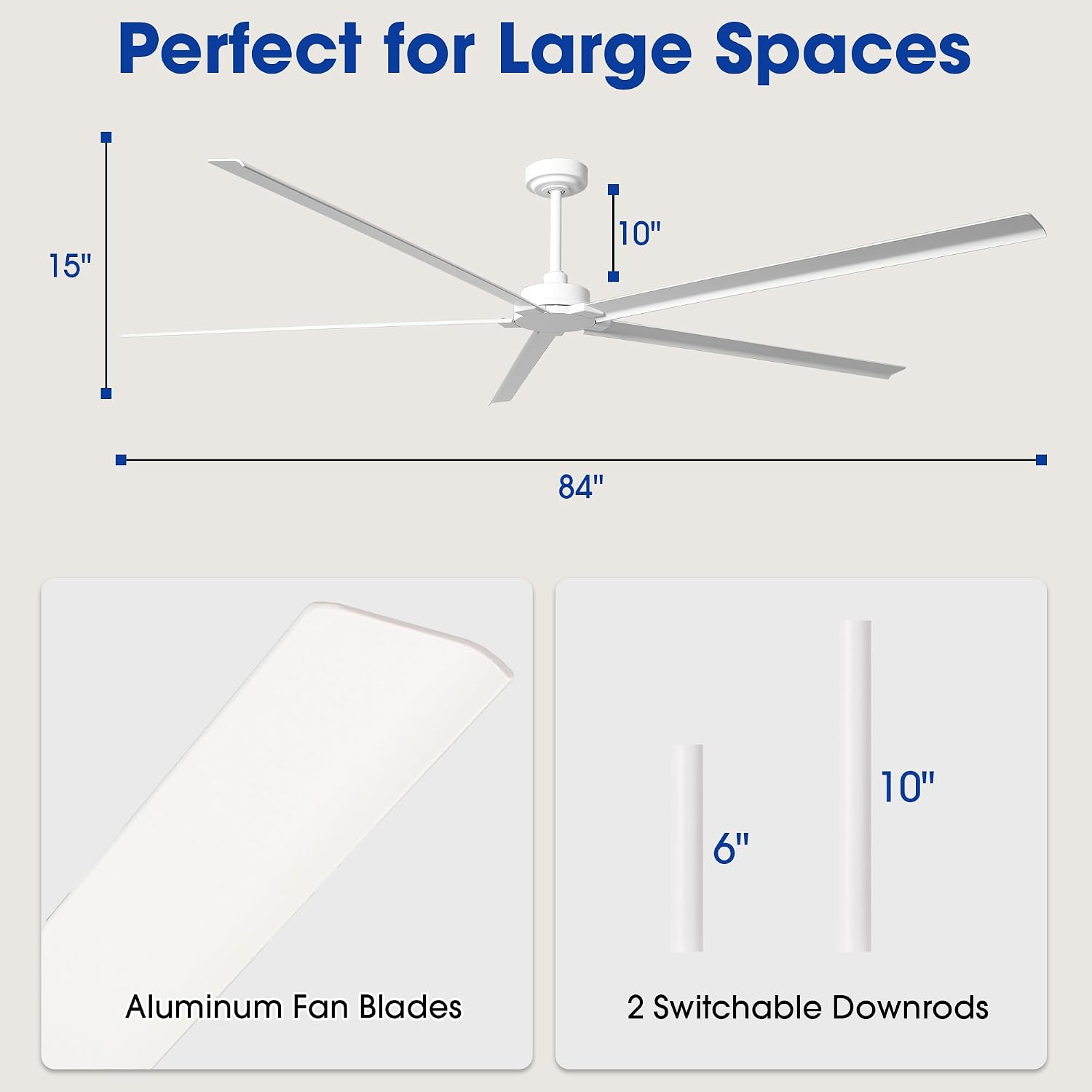 Waterproof Outdoor Ceiling Fans, 84 Inch Modern Ceiling Fan No Light, Industrial DC Motor Ceiling Fans without Lights 6-Speed Outdoor Patio Fan for Porch Gazebo, Reversible Aluminum Blades, Timer