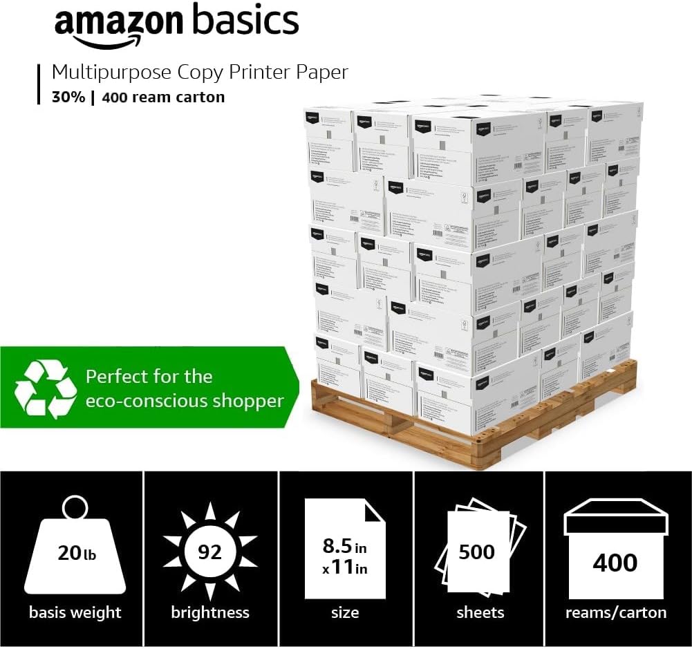Amazon Basics 30% Recycled Multipurpose Copy Printer Paper, 8.5 x 11 Inches, 20 lb, Pallet, 400 Reams (200,000 Sheets), 92 Bright, White