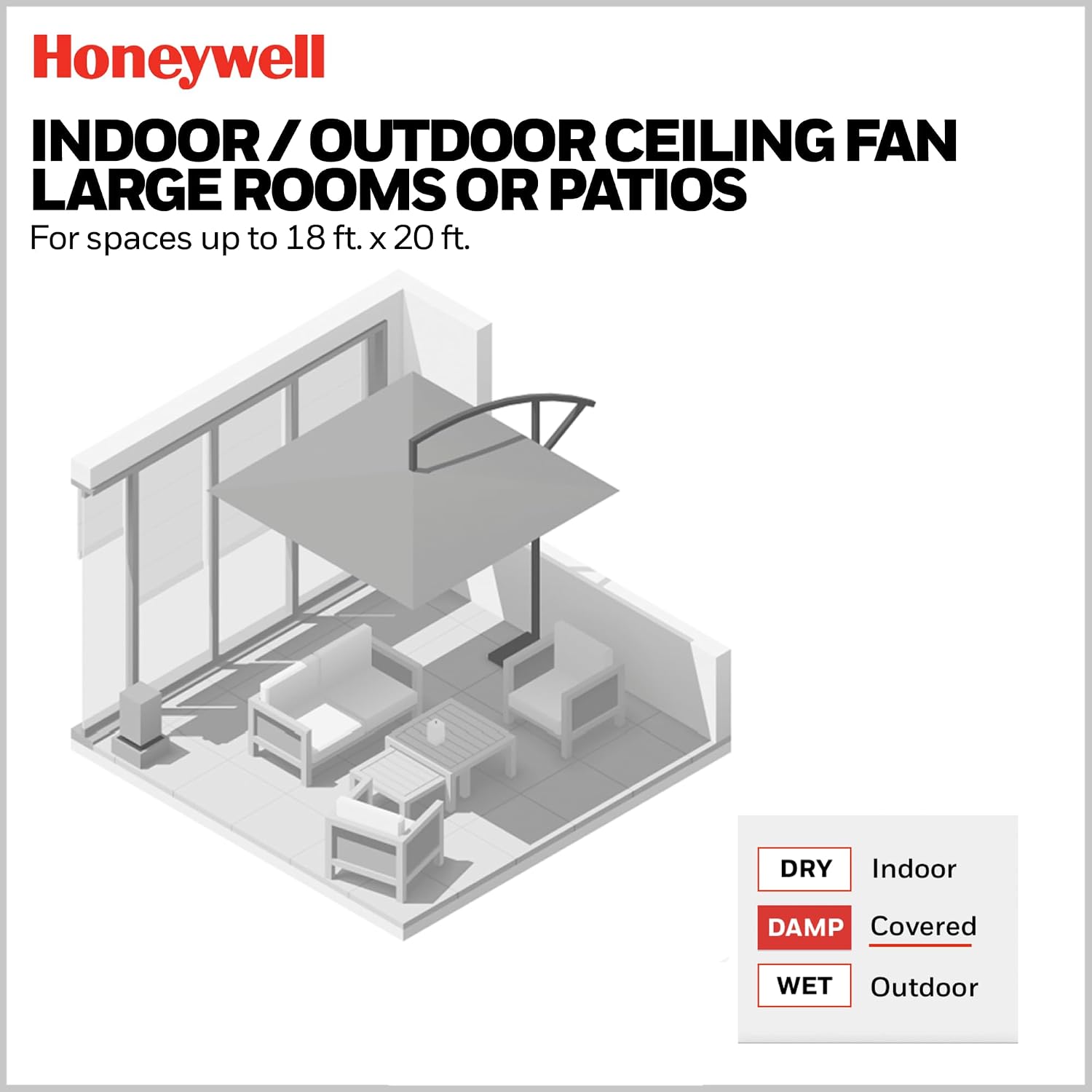 Honeywell Ceiling Fans Lynton, 52 Inch Indoor Outdoor Ceiling Fan with Color Changing LED Light, Remote Control, Charcoal Brown High Performance Blades, Reversible Airflow - 51853-01 (Black)