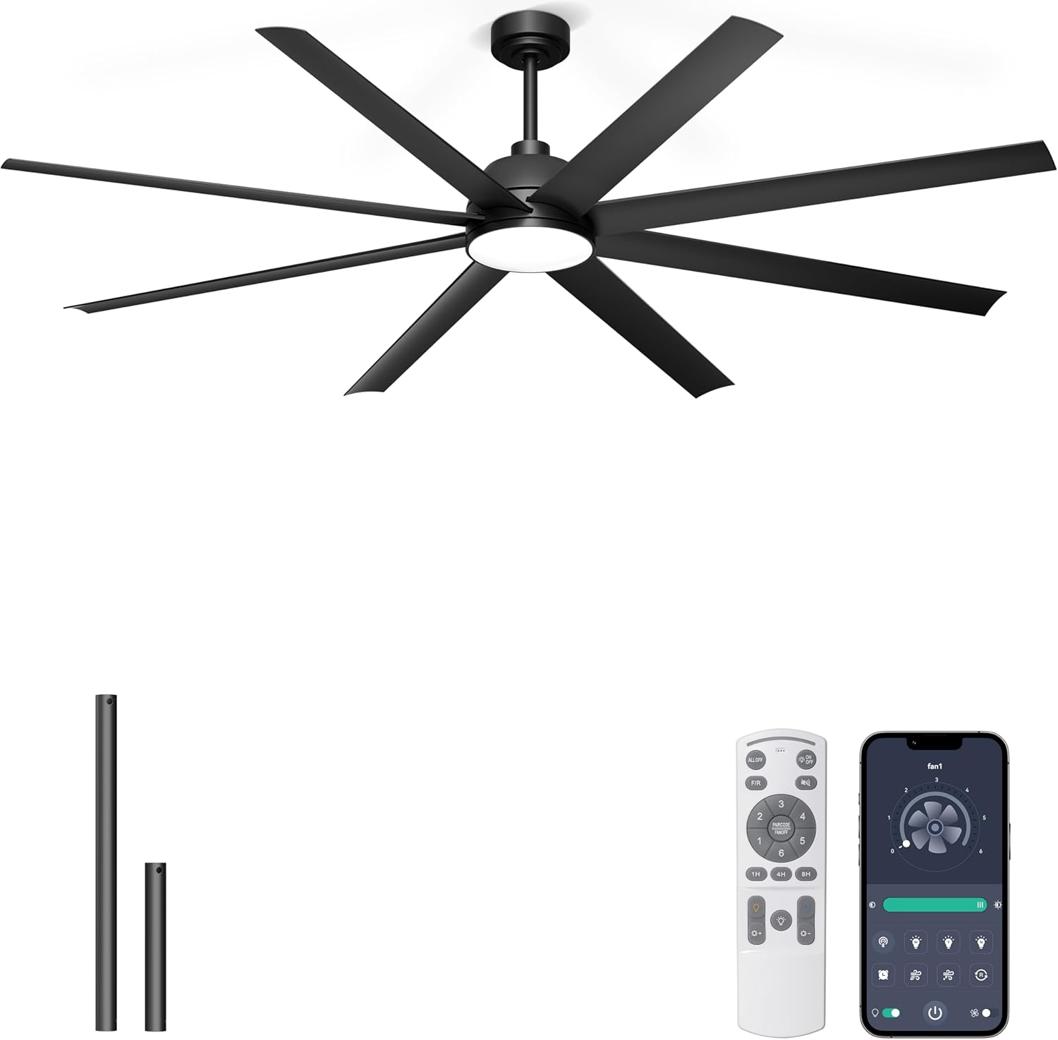 72'' Ceiling Fan with Light - Remote & APP Control, 3 CTT Dimmable, 6 Speed Reversible DC Motor Fan for Shop, Garage, Covered Outdoor, Black