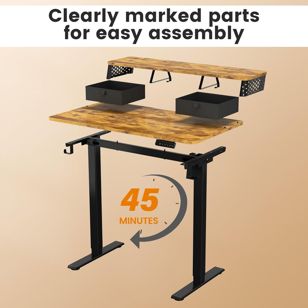 Electric Standing Desk with Two Drawers,40 x 24 Inch Sit Stand Desk Adjustable Height, Stand Up Desk with Storage Shelf, Computer Workstation for Home Office, Rustic Brown