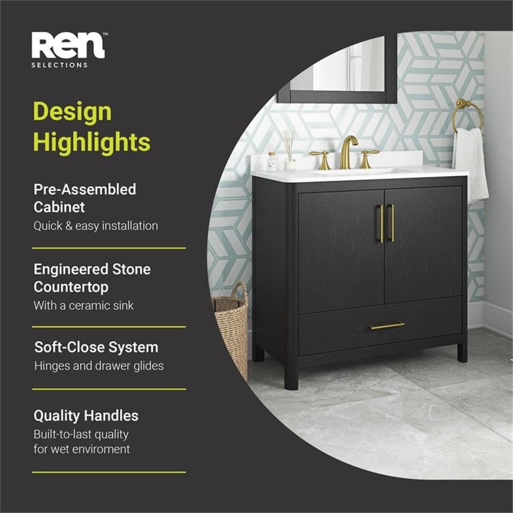 Pemberly Row 36' Bathroom Vanity, Matte Black Finish, Engineered Marble Countertop, Undermount Sink, Soft-Close Storage, Modern Freestanding MDF Design for Small Bathrooms or Guest En-Suites
