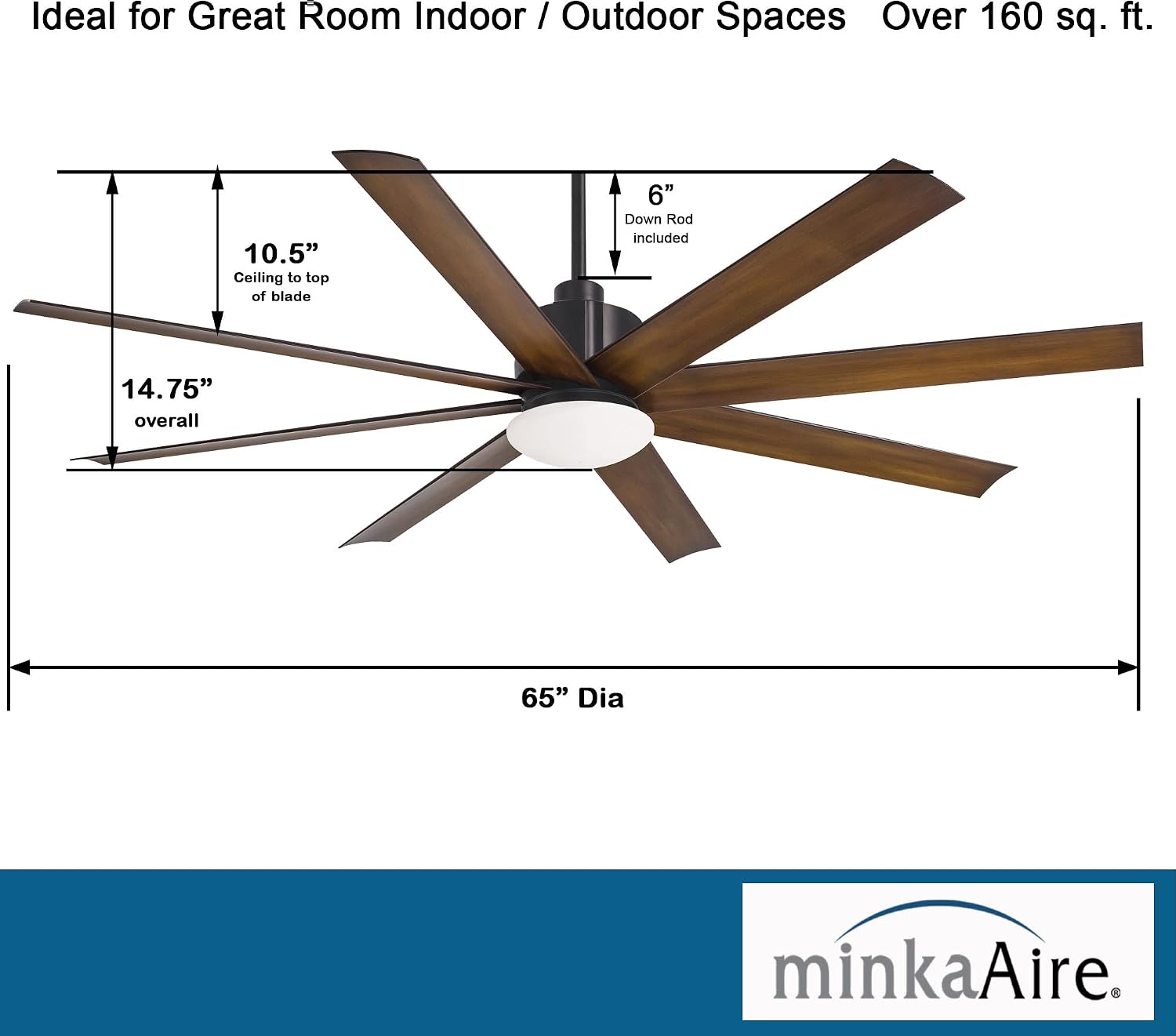 Minka-Aire F888L-CL/DK Slipstream 65' Outdoor Ceiling Fan with Dimmable LED Light and DC Motor in Coal/Distressed Koa Finish