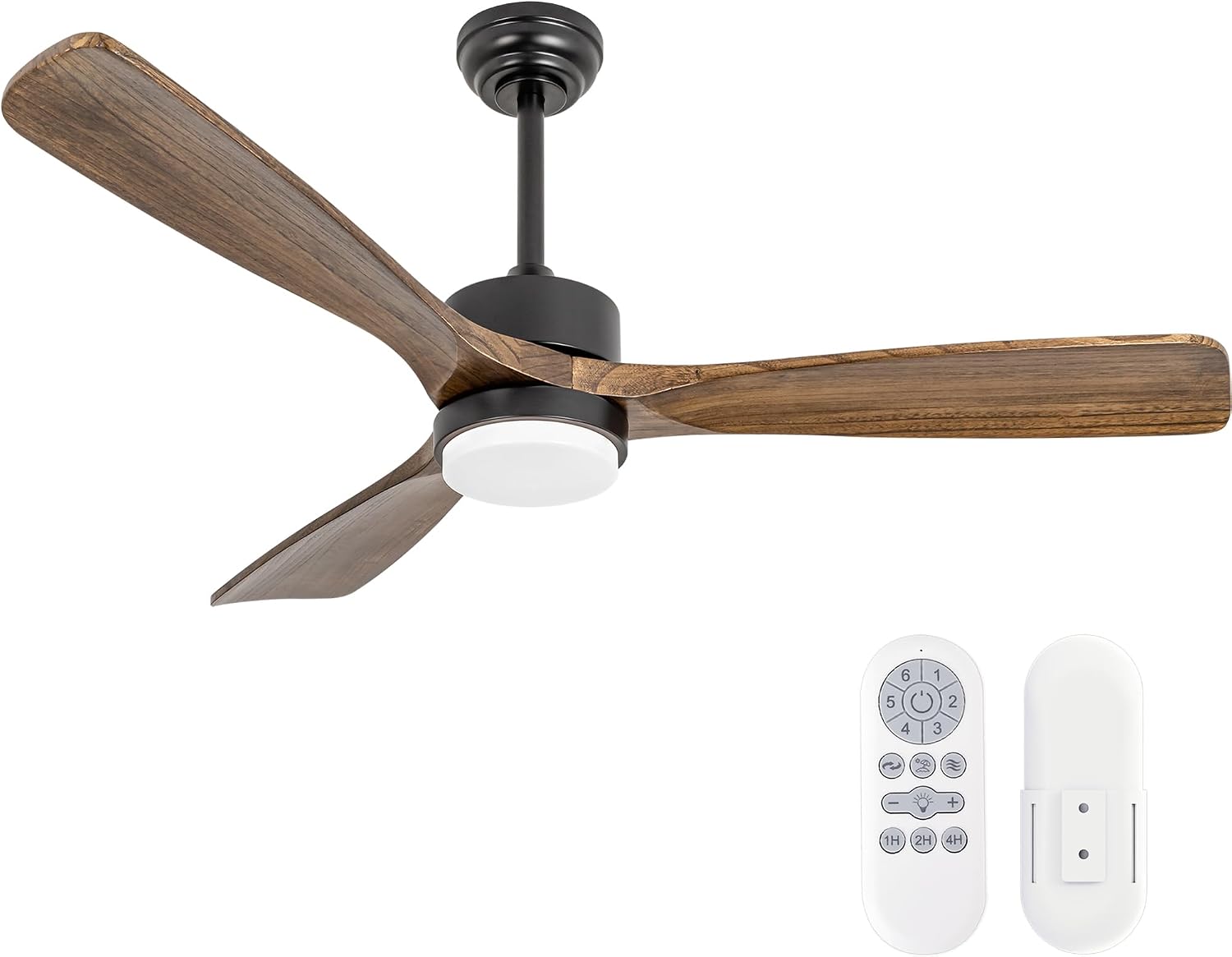 52 inch Wood Ceiling Fans with Lights and Remote, Modern Ceiling Fan with Light, 3 Color Light, 6 Speed, DC Motor, for Bedroom/Outdoor/Farmhouse/Patios, Walnut Black