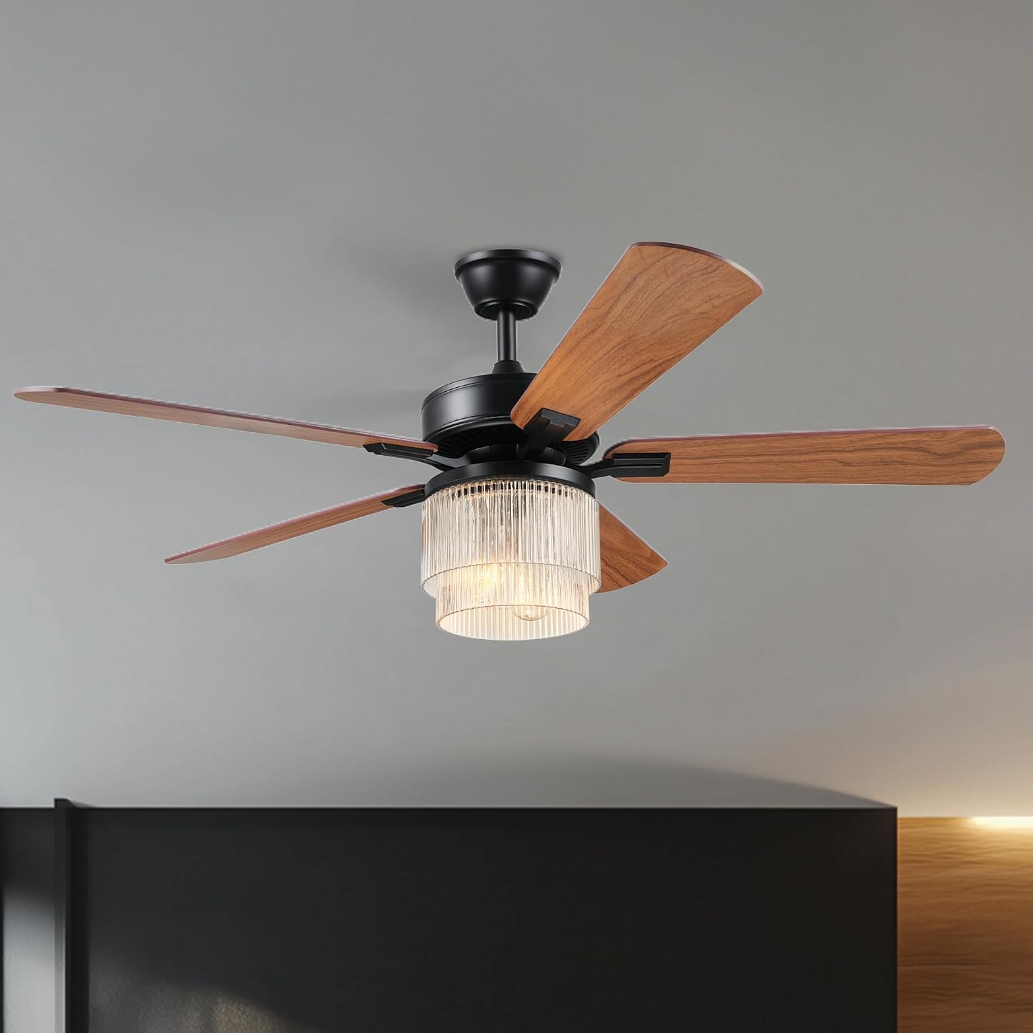 Globe Electric 37000023 52' 2-Light Ceiling Fan with Glass Shade, Remote Control, WhisperQuiet DC Motor, 6 Speeds, Matte Black, Indoor/Outdoor