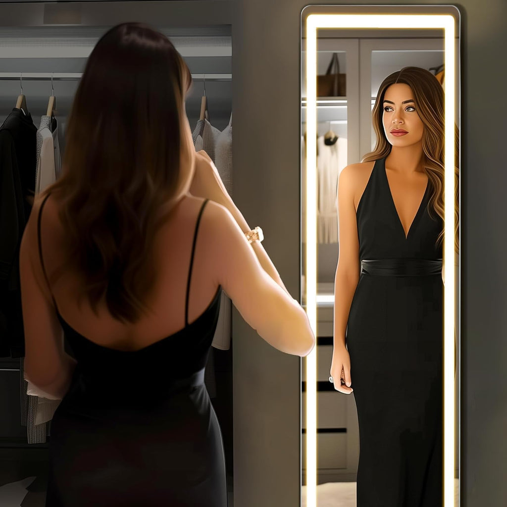Elevon Full Length Mirror with LED Lights, 60'x16' Floor Mirror with Dimming & 3 Color Lighting, Led Mirrors Full Length with Stand for Bedroom, Dressing Room, Rectangle