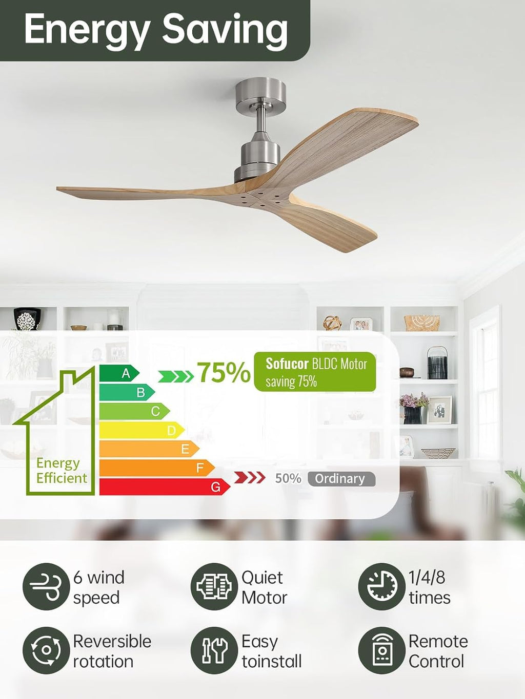 Sofucor 52 Inch Smart Ceiling Fans without Light-Modern Solid Wood Outdoor Ceiling Fan No Light APP Remotel Control for Bedroom Living Room Indoor Farmhouse Patio,DC Motor,Brushed Nickel&Natural Wood