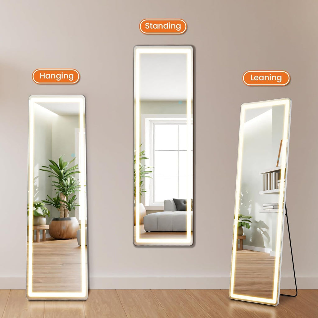 Elevon Full Length Mirror with LED Lights, 60'x16' Floor Mirror with Dimming & 3 Color Lighting, Led Mirrors Full Length with Stand for Bedroom, Dressing Room, Rectangle
