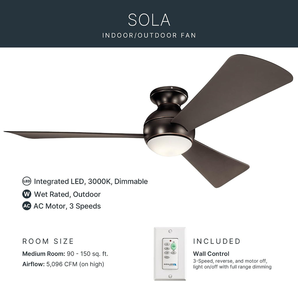 Kichler Sola 54' LED Indoor Outdoor Ceiling Fan In Old Bronze®, 3-Blade, 3000K, (54' W x 11' H), 330152OZ