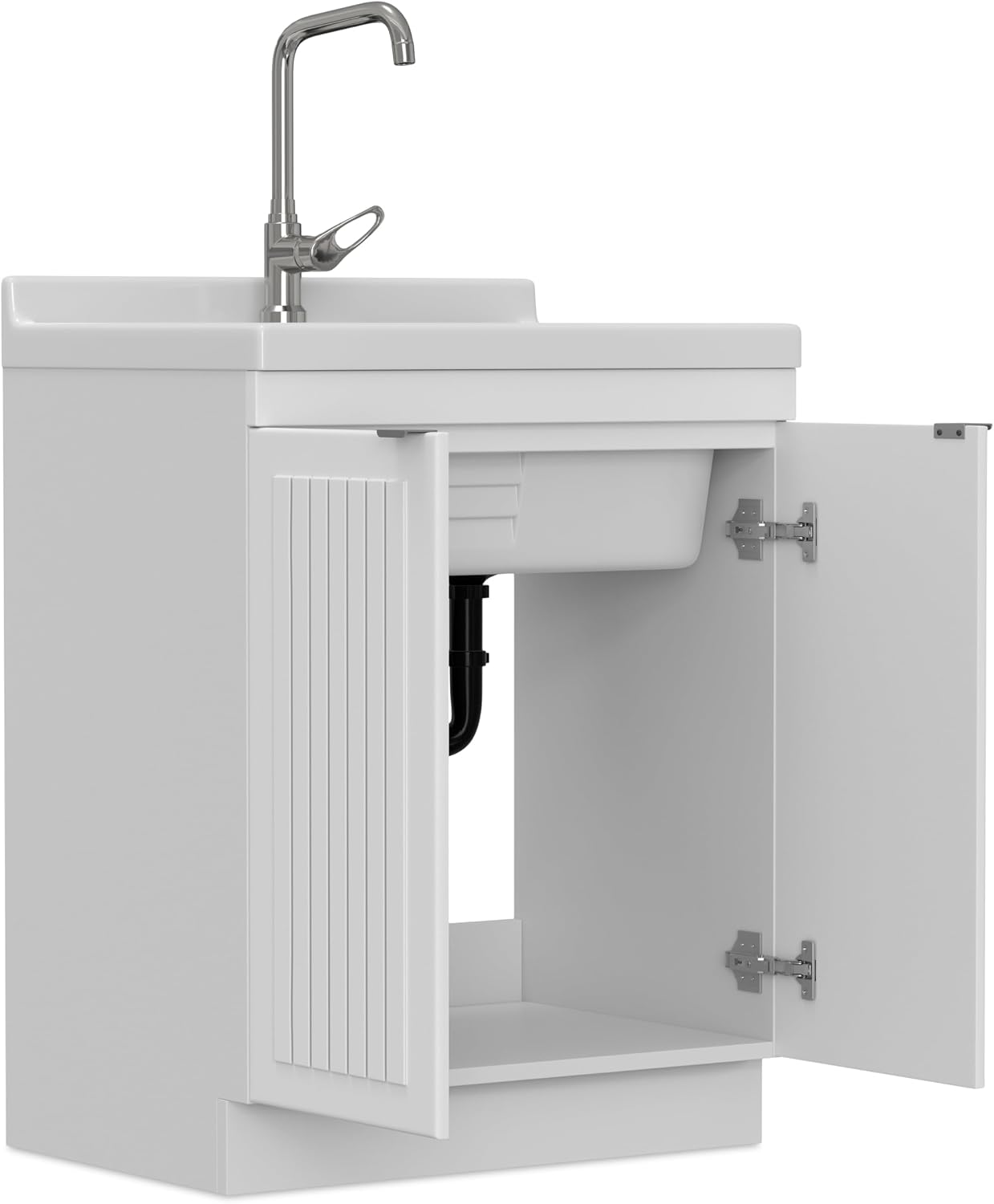 SIMPLIHOME Murphy All-in-One 28 inch Wide Utility Sink and Laundry Cabinet in Pure White Finish, Transitional ABS Sink Cabinet for Laundry Rooms with High-Arch Chrome Faucet and Pull-Out Spray