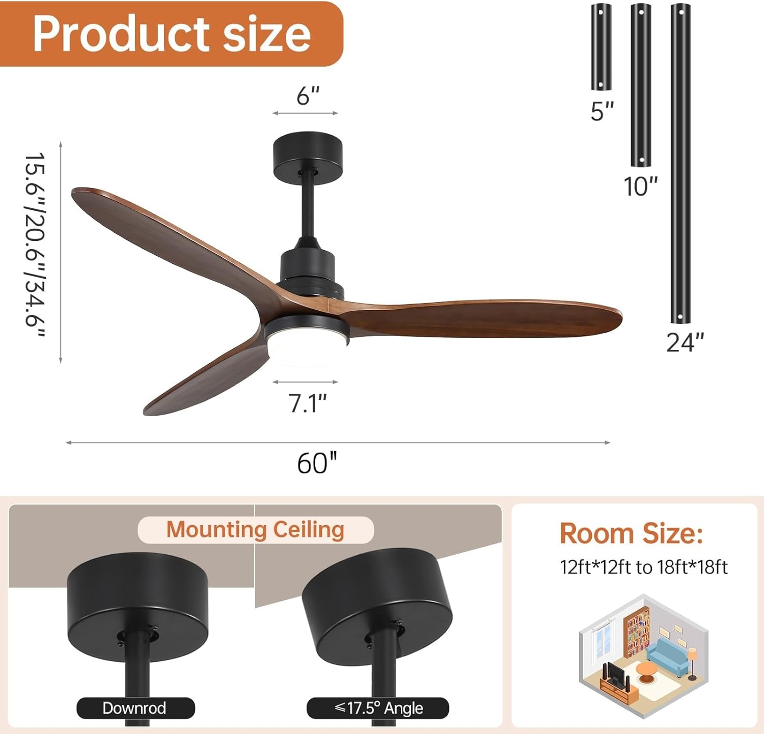Sofucor 60 Inch Ceiling Fan with Lights Remote Control Walnut Blades Dimmable Light Reversible DC Motor Modern Wood Ceiling Fans for Kitchen, Bedroom, Basement, Dining, Living Room Matte Black