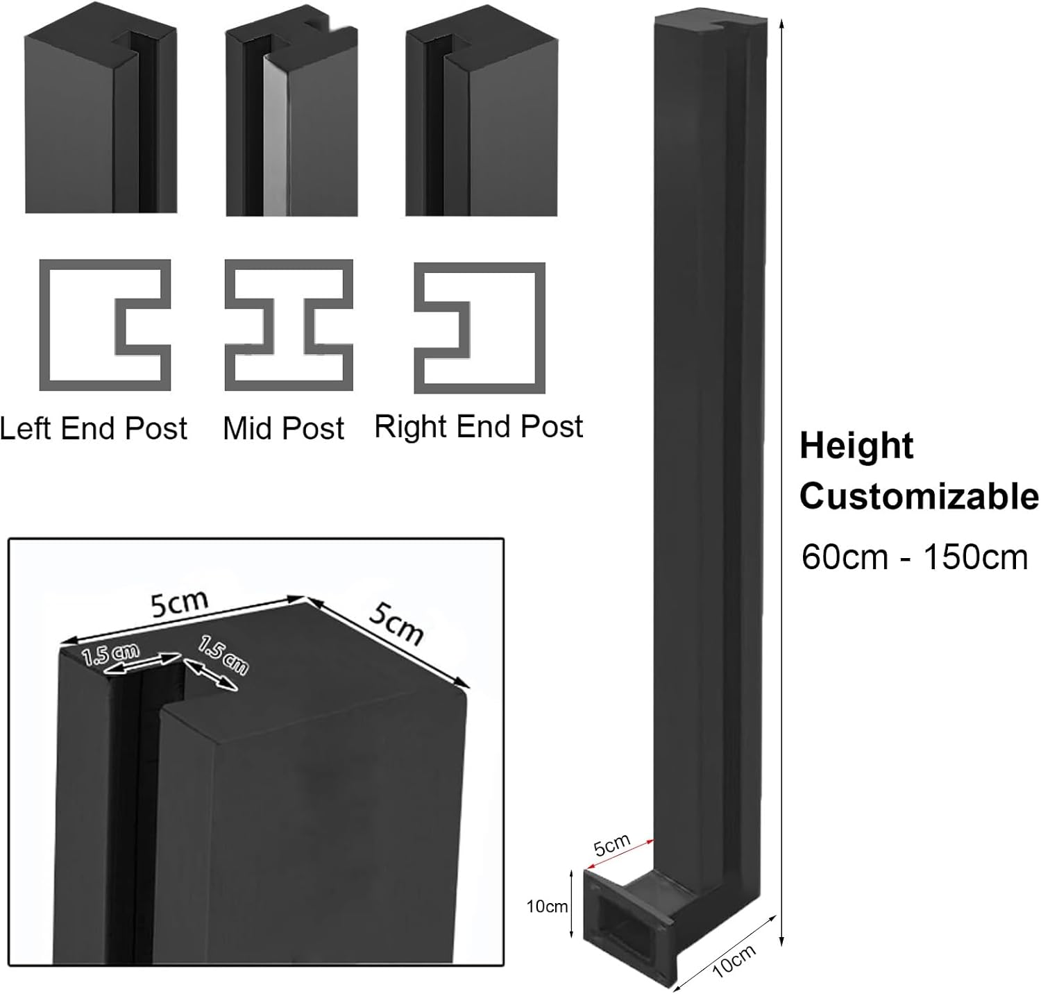 Commercial Glass Railing Columns Side Mount, Black Black Matte Finish Balcony Glass Fence Clamp Bracket with 15mm Inner Slots, for 3/8-1/2 In Glass/Wood/Plastics Panel(Black-Corner post,Height - 24in)