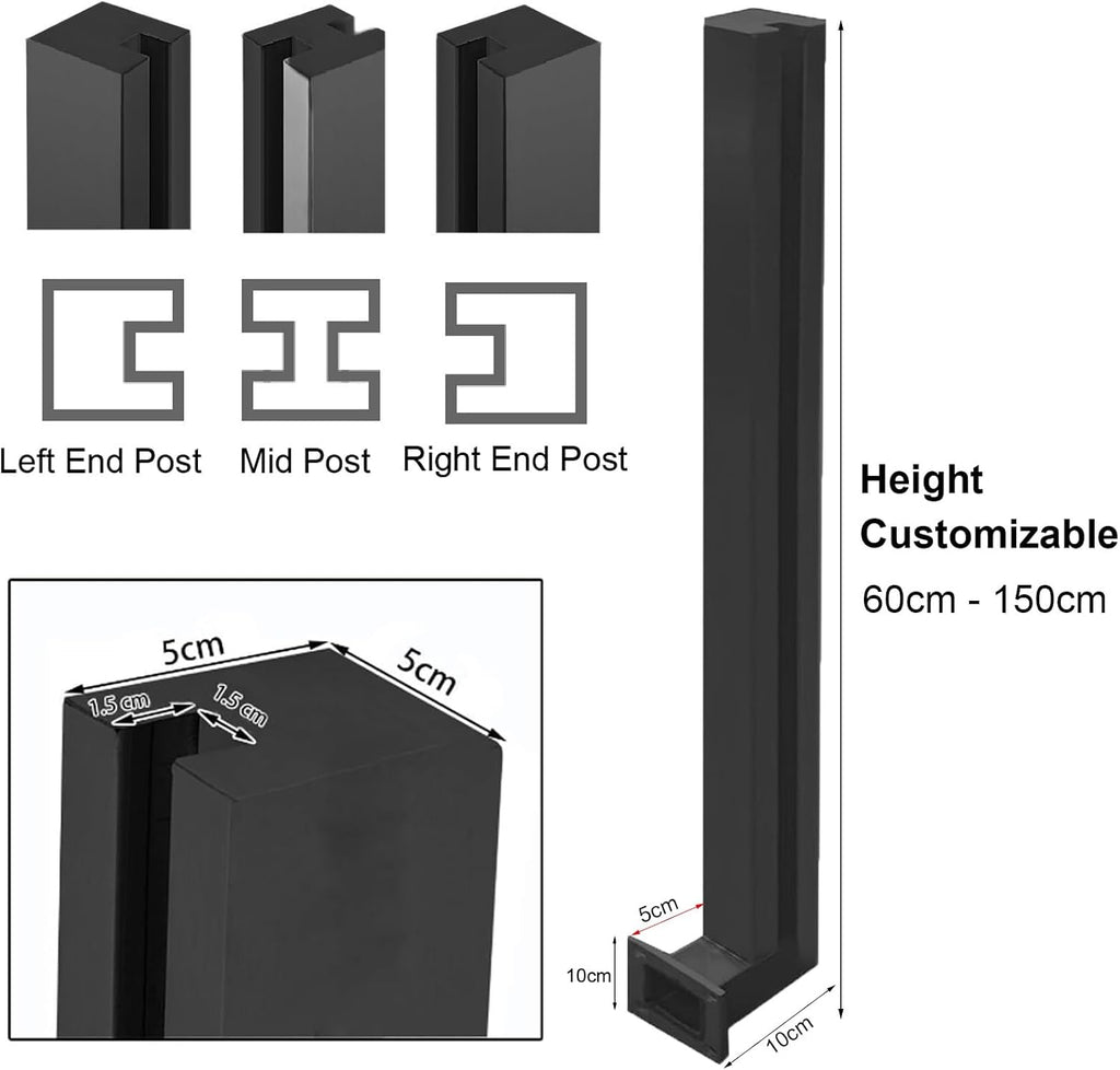 Commercial Glass Railing Columns Side Mount, Black Black Matte Finish Balcony Glass Fence Clamp Bracket with 15mm Inner Slots, for 3/8-1/2 In Glass/Wood/Plastics Panel(Black-Middle Post,Height - 36in)