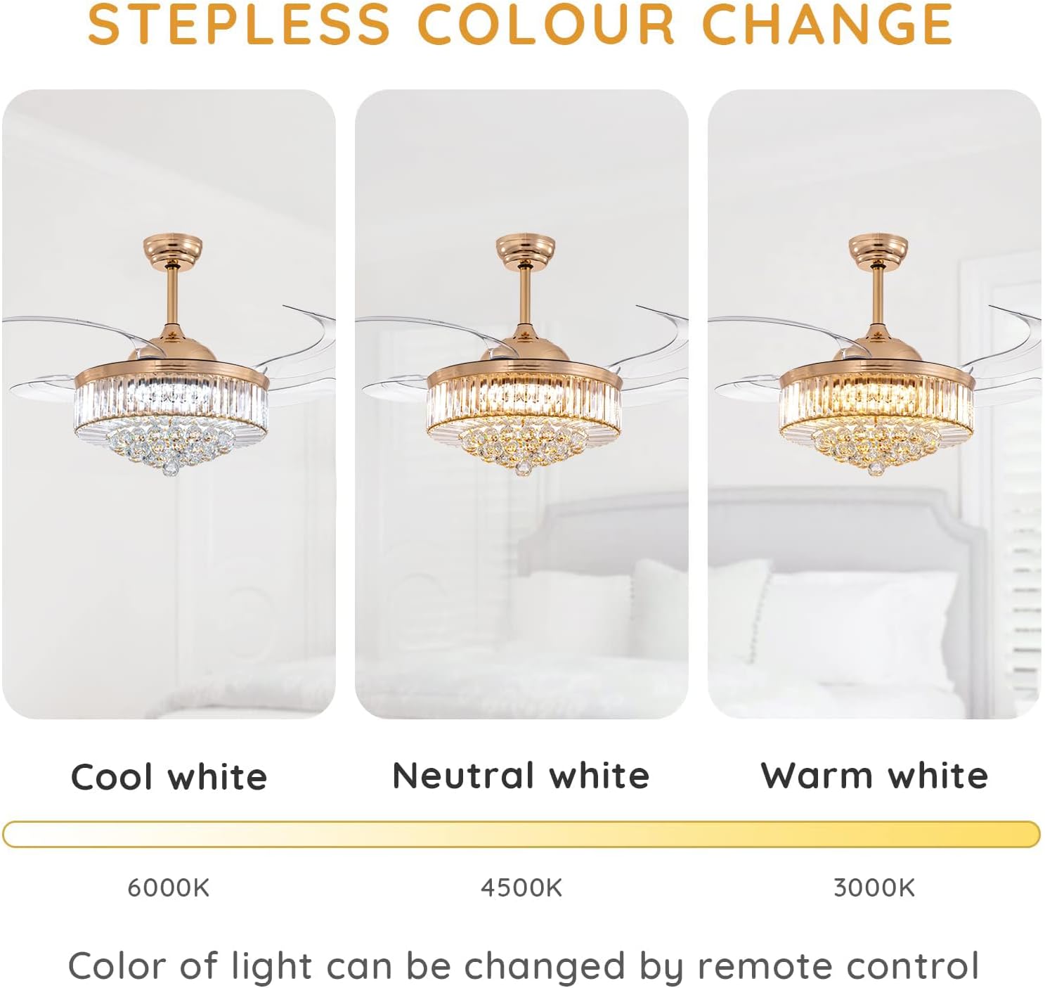 48 Inch Crystal Ceiling Fan with Light and Remote Modern Dimmable Fandelier Invisible Retractable Chandelier Fan Gold for Bedroom Living Room