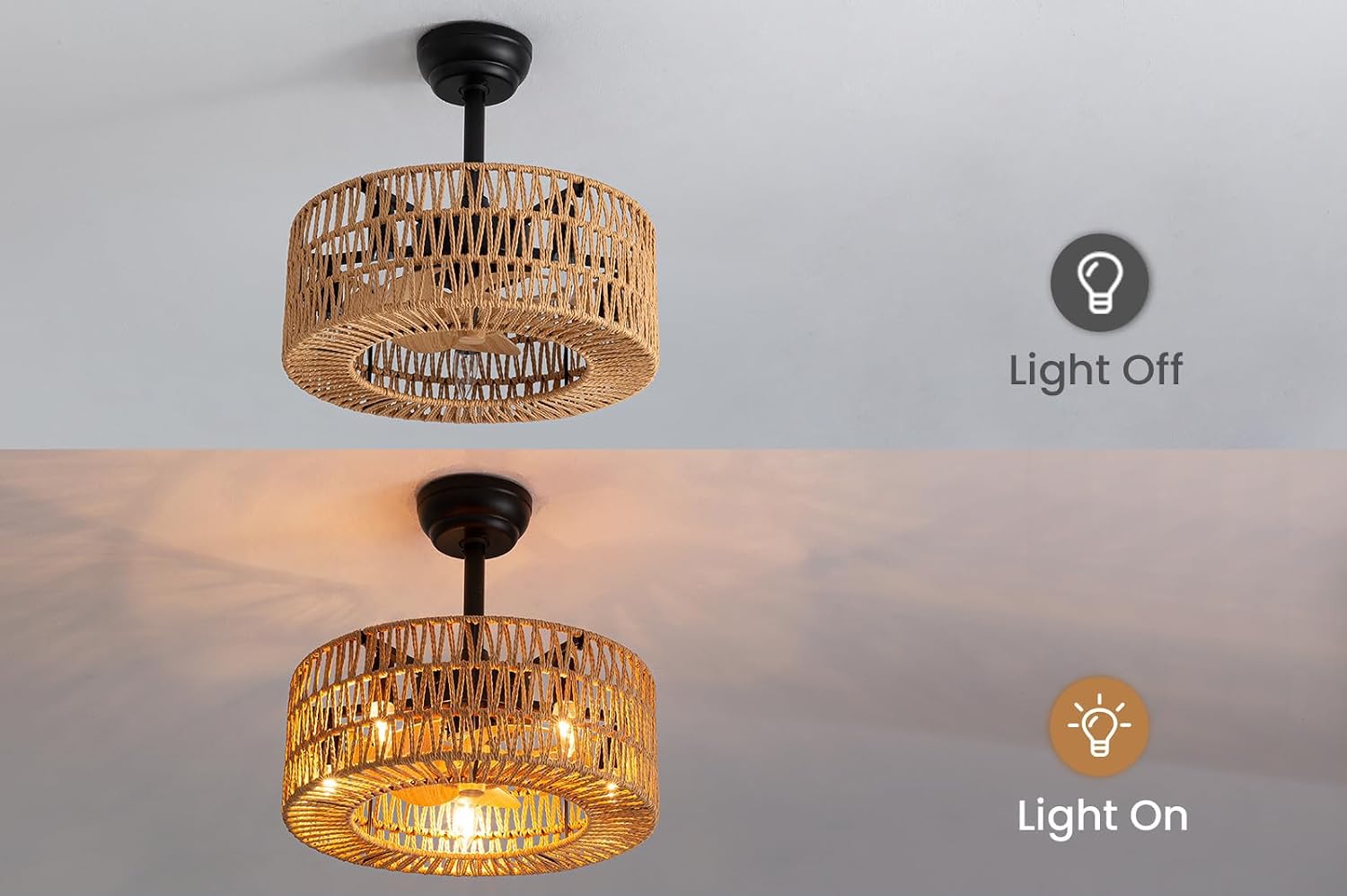 Boho Caged Ceiling Fan with Light, 18 inch Rattan Ceiling Fan with Light, Boho Fandelier, Farmhouse Fandelier Low Profile Cei ling Fan for Bedroom Kitchen Living Room Kids Room