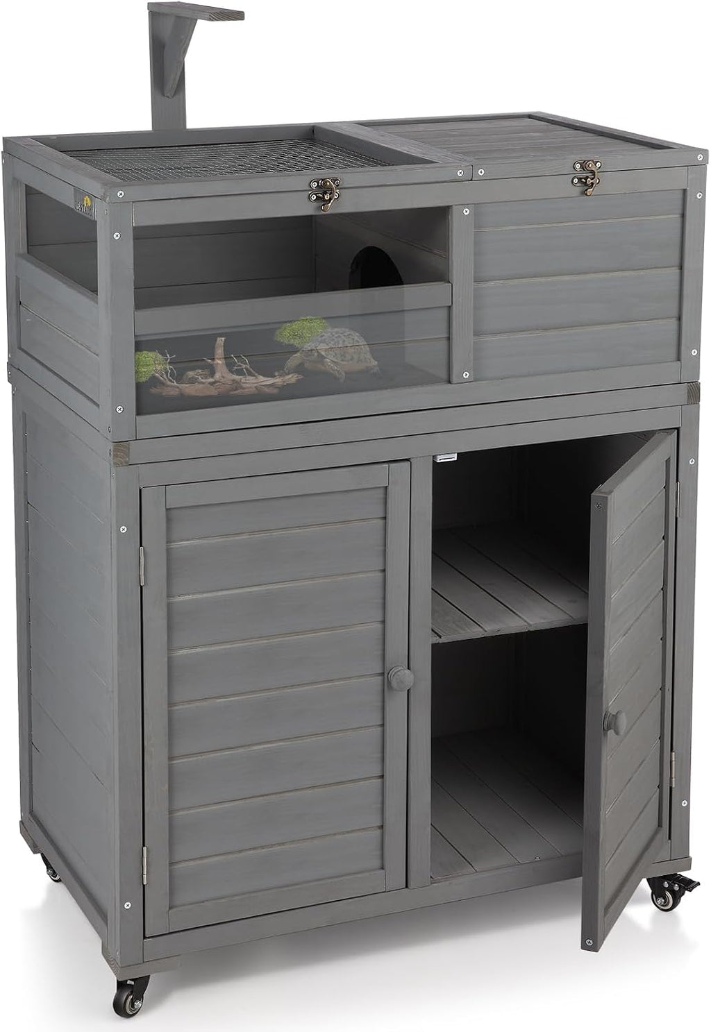Wooden Tortoise Habitat with Storage and Wheels, Large Turtle Enclosure Cage with Lamp Holder & Easy-Clean Tray, Tortoise Enclosure Indoor & Outdoor, Reptile Enclosure with for Gecko, Lizard, Snake