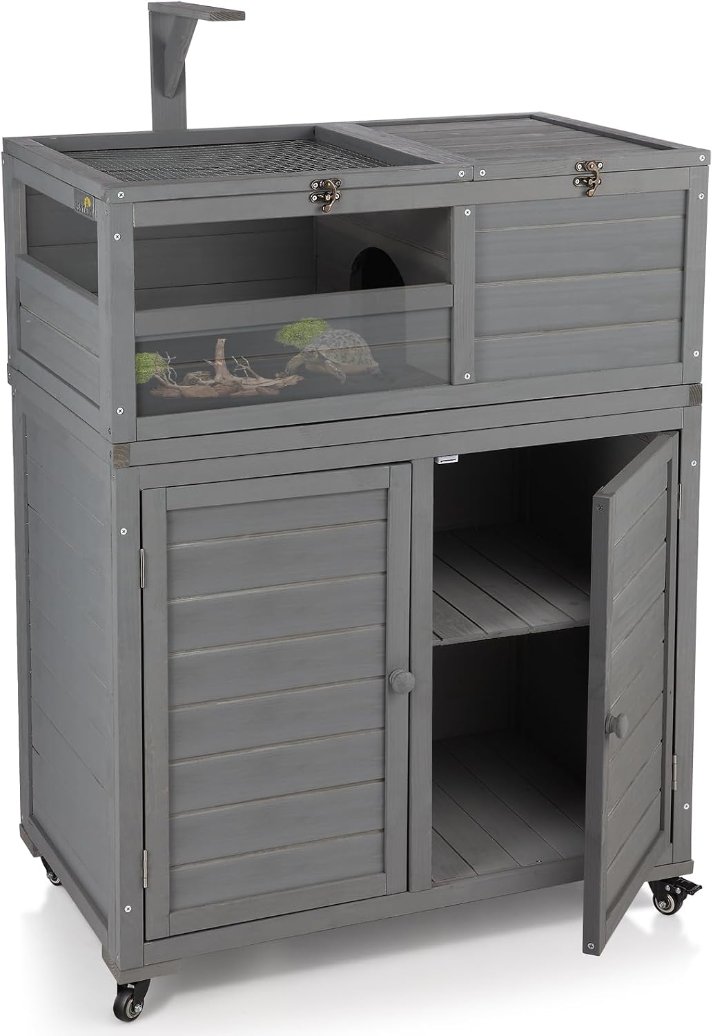 Wooden Tortoise Habitat with Storage and Wheels, Large Turtle Enclosure Cage with Lamp Holder & Easy-Clean Tray, Tortoise Enclosure Indoor & Outdoor, Reptile Enclosure with for Gecko, Lizard, Snake