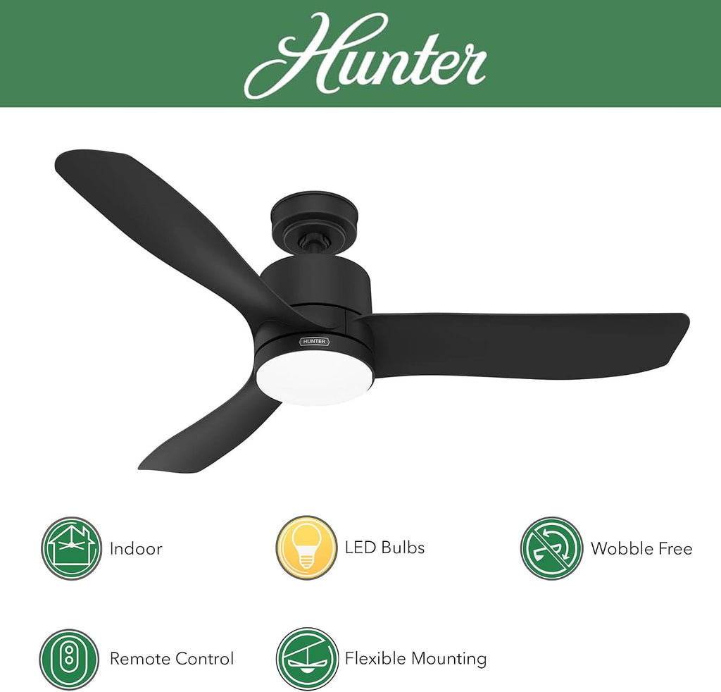 Hunter Fan 52 inch Indoor Ceiling Fan with LED Light, Matte Black Ceiling Fan with Remote, For Bedroom, Office, Kitchen, Living Room, 3 Blades (Renewed)