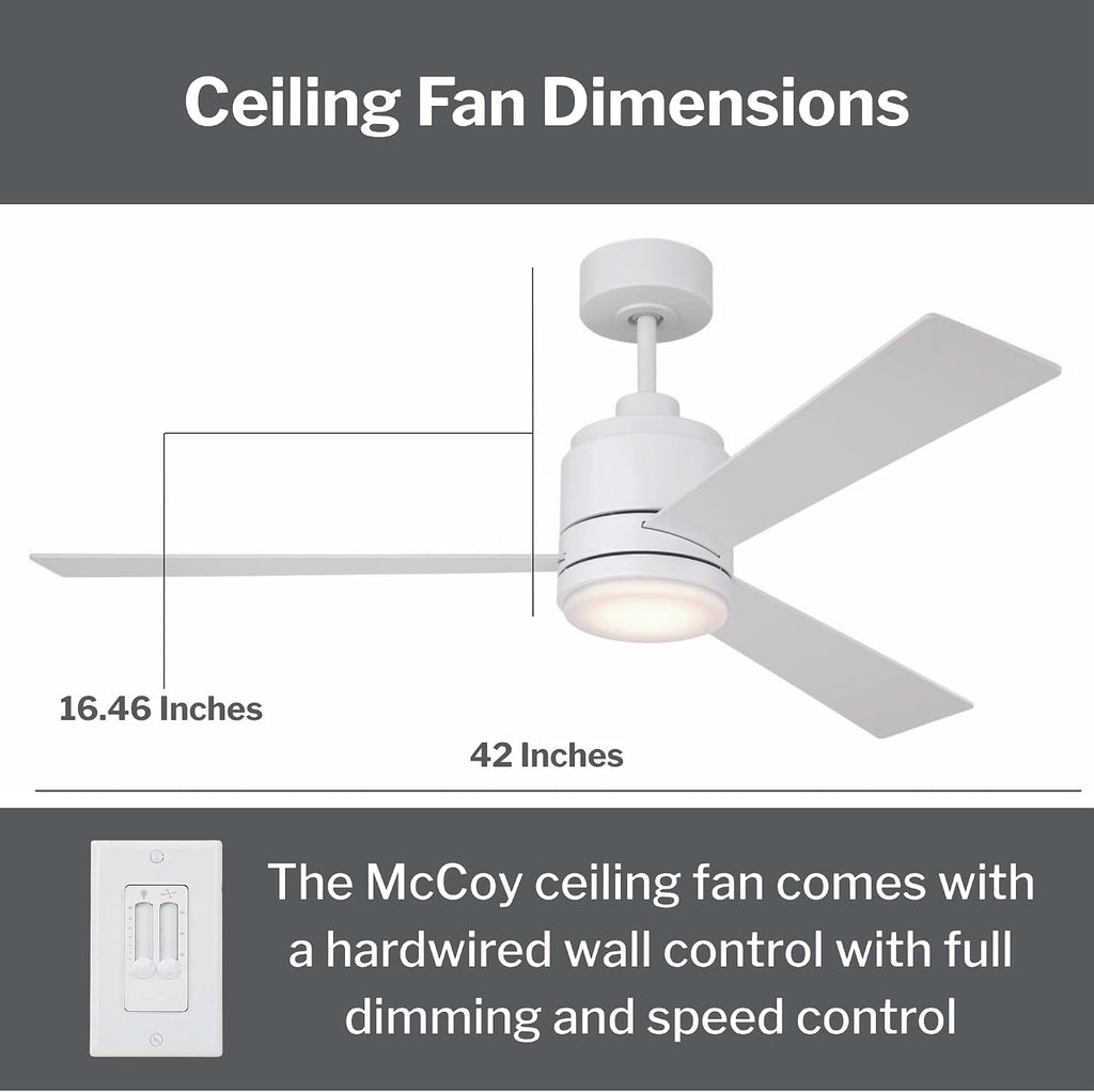 Craftmade MCY42W3 McCoy 42 Inch 3 Blade Ceiling Fan | Integrated LED Light Kit | 1013 Lumens 18 Watt | 3 x White Blades | Includes CM-7W-LED Wall Control | Indoor Rated | White Finish
