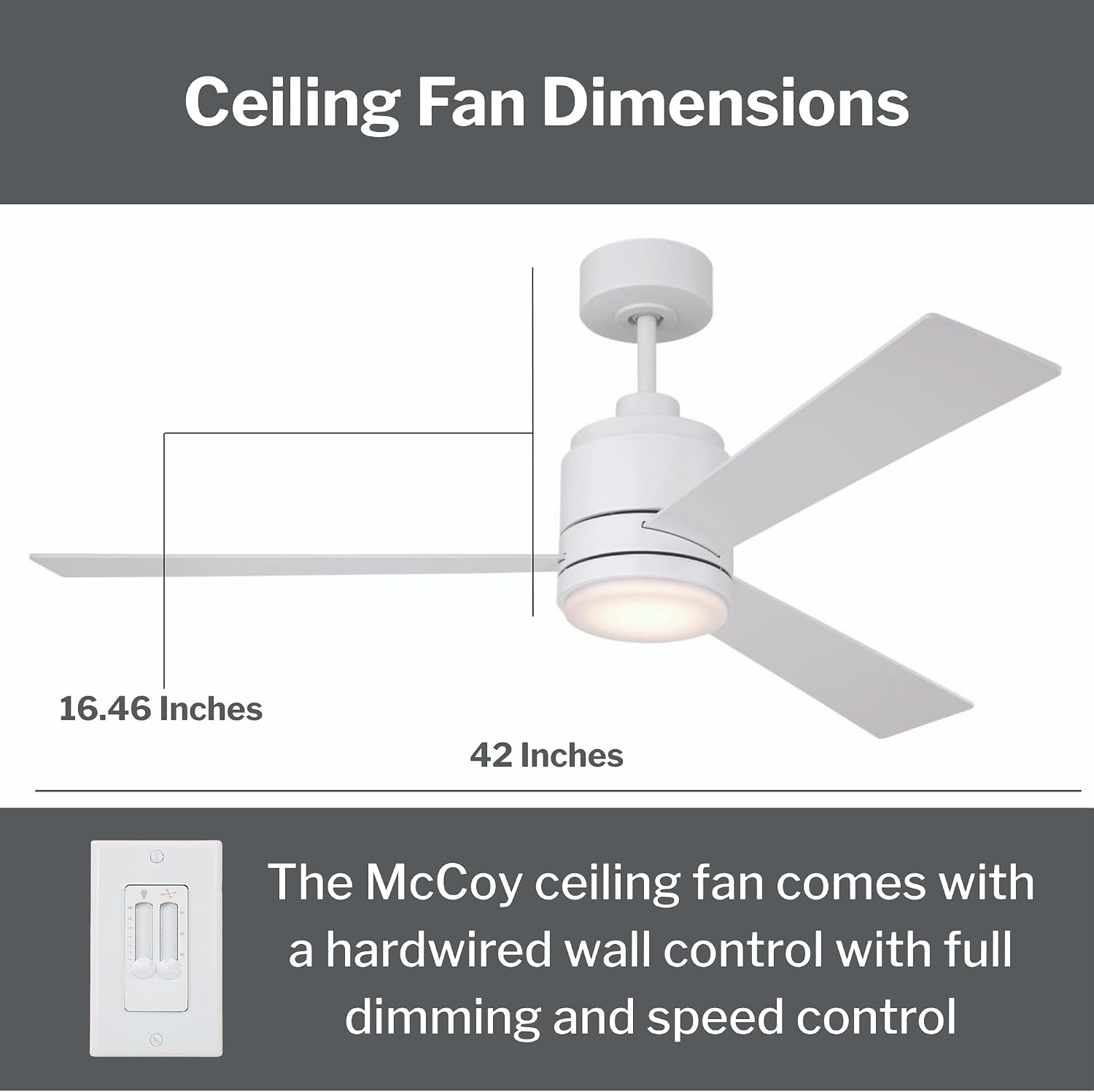 Craftmade MCY42W3 McCoy 42 Inch 3 Blade Ceiling Fan | Integrated LED Light Kit | 1013 Lumens 18 Watt | 3 x White Blades | Includes CM-7W-LED Wall Control | Indoor Rated | White Finish