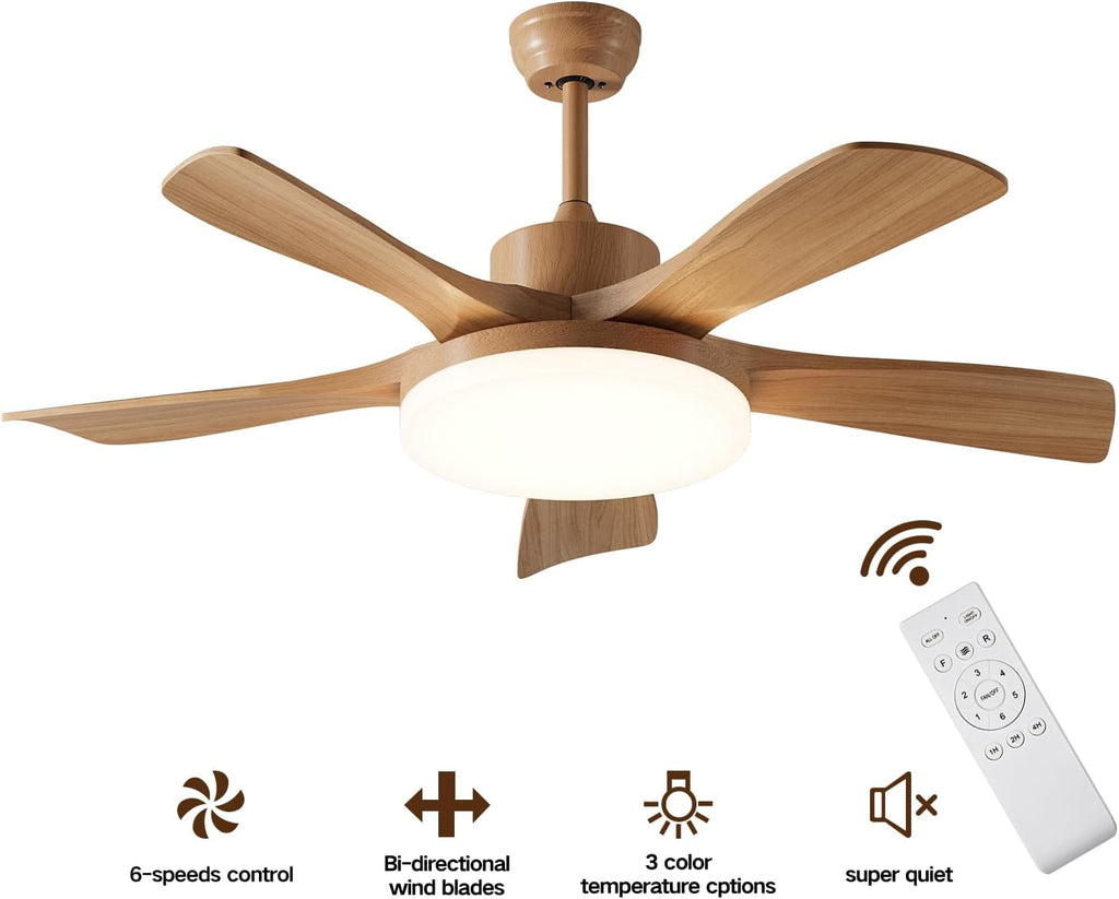 46 Inch Wood Ceiling Fan with Remote, Solid Wood 5 Blade Ceiling Fan with Light, Burlywood Rustic Flush Mount for Patios, Living Room, Dining Room, Bedroom, Farmhouse