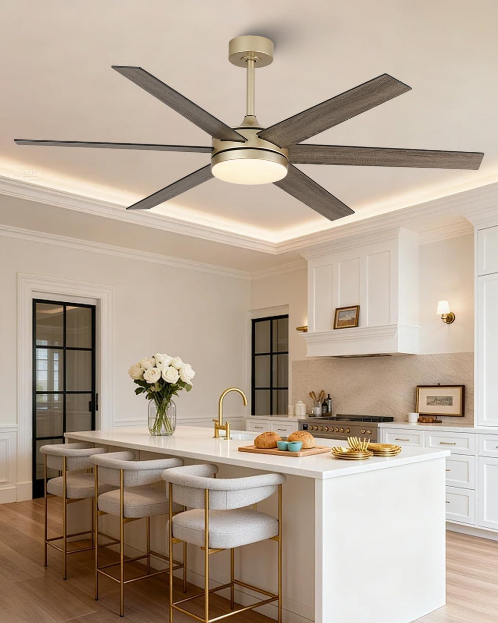 60 Inch Modern Ceiling Fan, Gold Ceiling Fan with Lights and Remote App Control, 6 Reversible Blades, Dimmable, 3CCT, App Control, 6 Speeds, Quiet Large Ceiling Fan for Bedroom Living Room