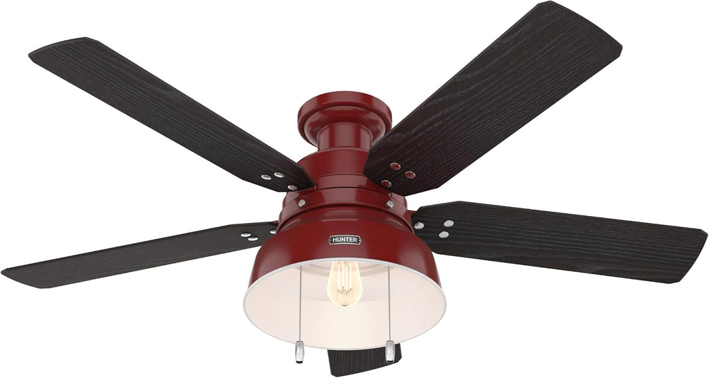 Hunter 52 inch Outdoor or Indoor Ceiling Fan with LED Light - Rustic Ceiling Fan with Pull Chain, For Bedroom, Living Room, or Patio, Low Profile Mount, No Remote - Mill Valley 59312, Barn Red