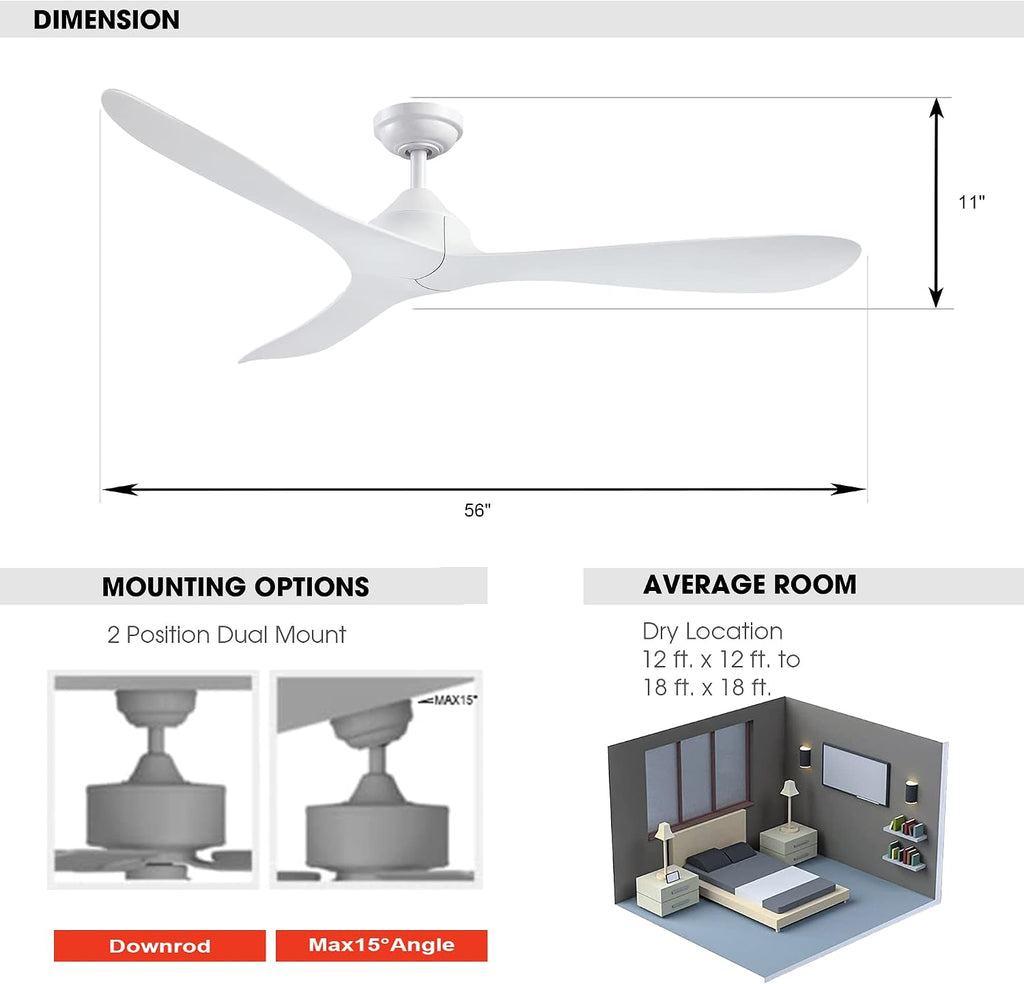 White Ceiling Fan No Light with Remote 56 Inch Modern DC Motor Ceiling Fans without Lights for Bedroom Living Room, Outdoor Ceiling Fans for Patios, 6 Speeds, Reversible 3 Blades, Ventilador de Techo