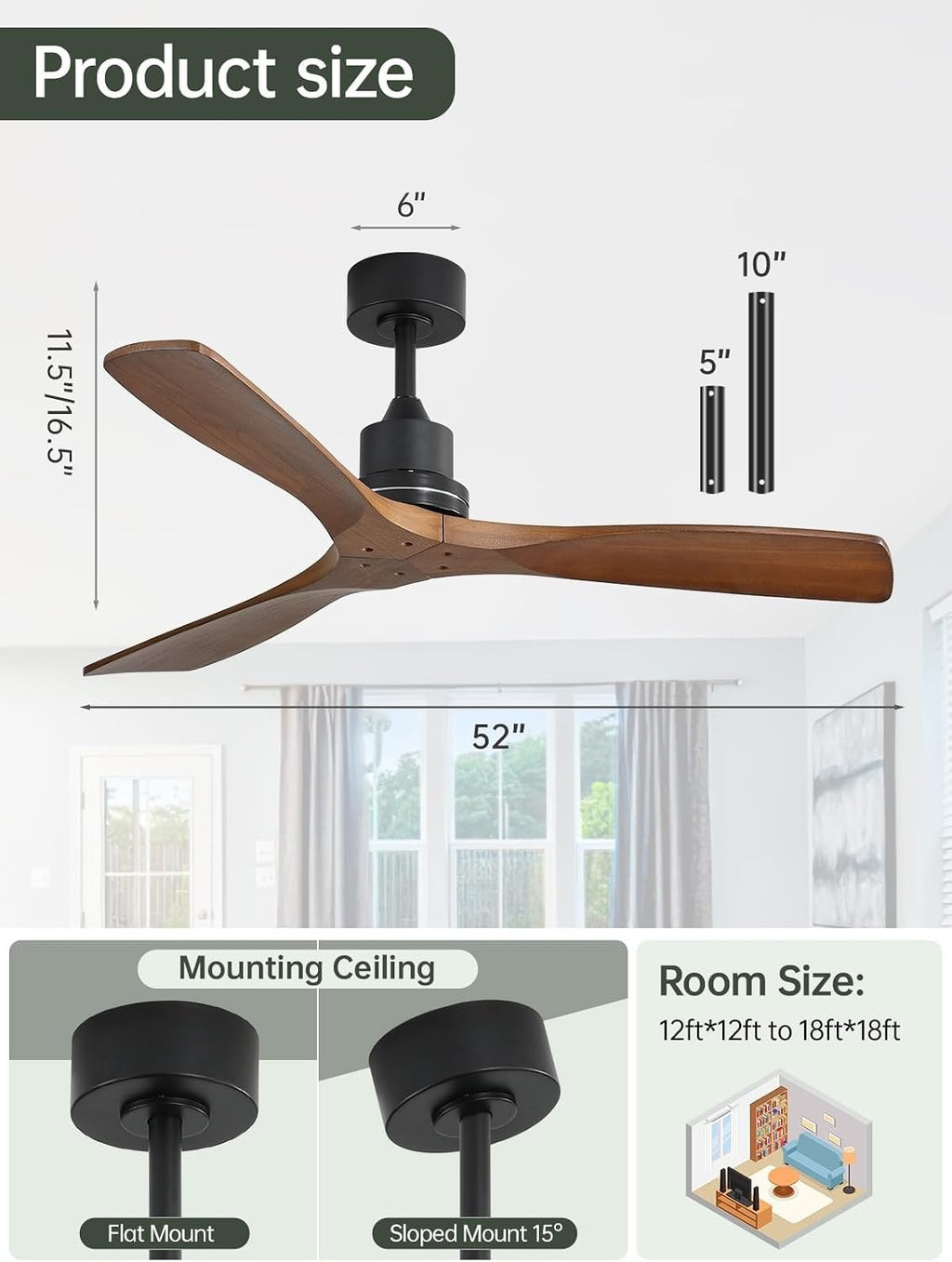 Sofucor 52 Inch Ceiling Fans No Light-Outdoor Ceiling Fan with Remote Control, 3 Blade Reversible DC Motor, Modern Wood Ceiling Fan Without Light for Bedroom Indoor Patios Farmhouse, Walnut