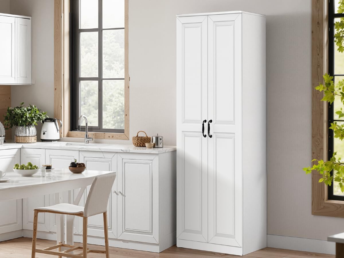 Storage Cabinet/Pantry cabinets, Soft White Finish, 71' Tall Wood Cupboard with 2 Door and 3 Adjustable Shelves for Kitchen, Dining Room, Living Room, Bathroom (Style 1) | Wood Cupboard