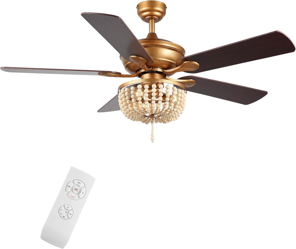JONATHAN Y 52' Antique Gold 3-Light LED Ceiling Fan with Remote and App Control, Bohemian Farmhouse Chandelier, Light Brown Wood Bead Shade, Reversible Wood Blades JYL9618A