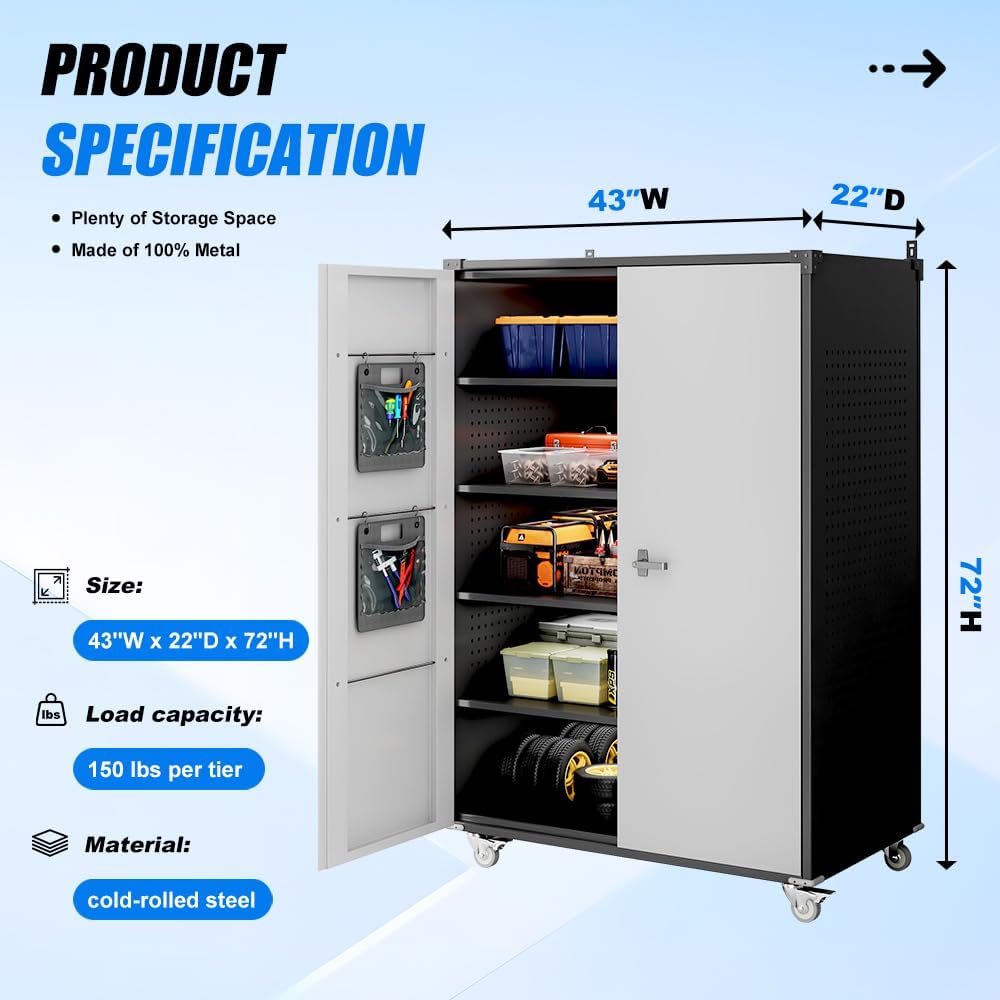 Yeeoy Wide & Deep Metal Garage Storage Cabinet with Pegboard & Adjustable Shelves, Lockable Storage Cabinet with Wheels, Tool Organization Cabinets for Office Garage, 43''W x 22''D x 72''H, Black Gray