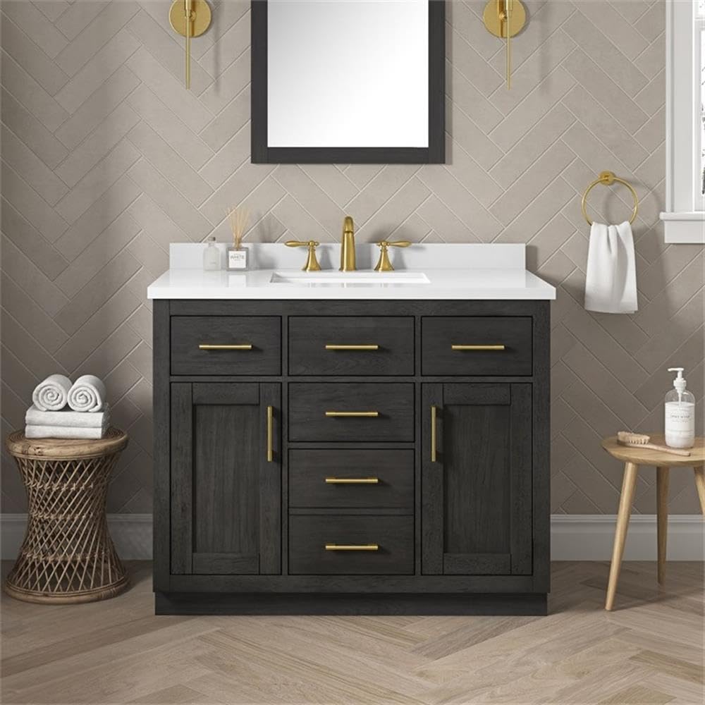 Pemberly Row 42' Bathroom Vanity, Matte Black Wood, White Quartz Countertop, 20' Undermount Sink, Brushed Gold Hardware, Shaker Style, Ample Storage, Ideal for Small Bathroom or Powder Room