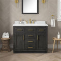 Pemberly Row 42' Bathroom Vanity, Matte Black Wood, White Quartz Countertop, 20' Undermount Sink, Brushed Gold Hardware, Shaker Style, Ample Storage, Ideal for Small Bathroom or Powder Room