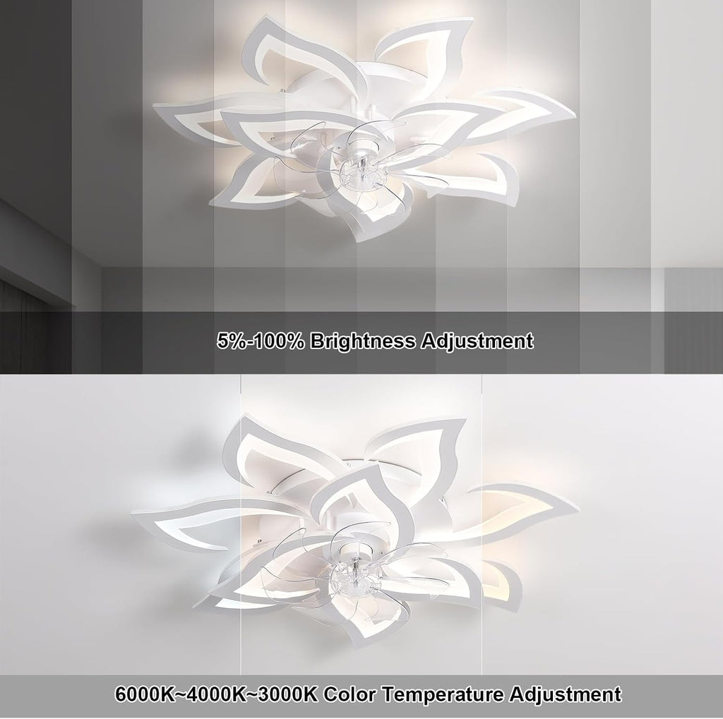 32' White Flower Ceiling Fan with Lights Remote Control, Modern LED Low Profile Flush Mount Ceiling Fan with Light for Kitchen Bedroom Living Room