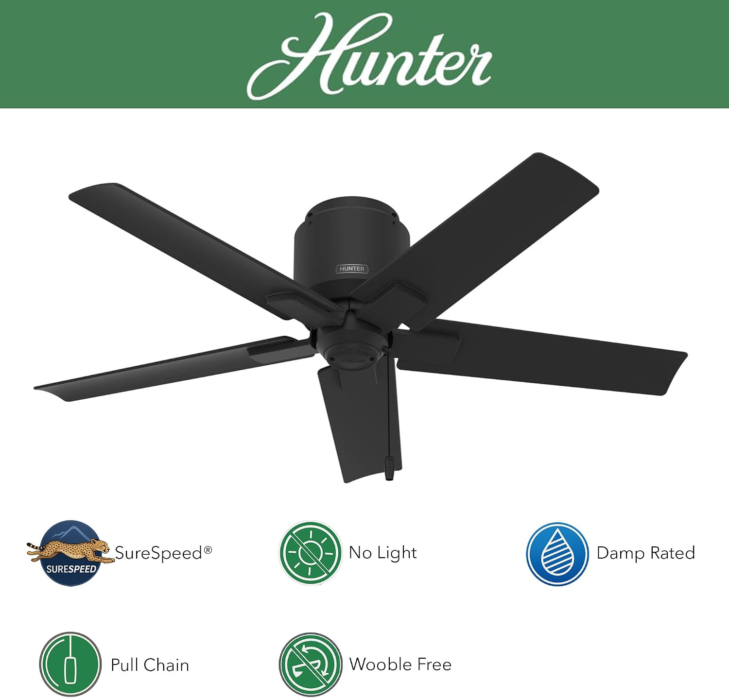 Hunter Fan 44 inch Low Profile Matte Black Outdoor Ceiling Fan with 5 Blades and Pull Chain (Renewed)