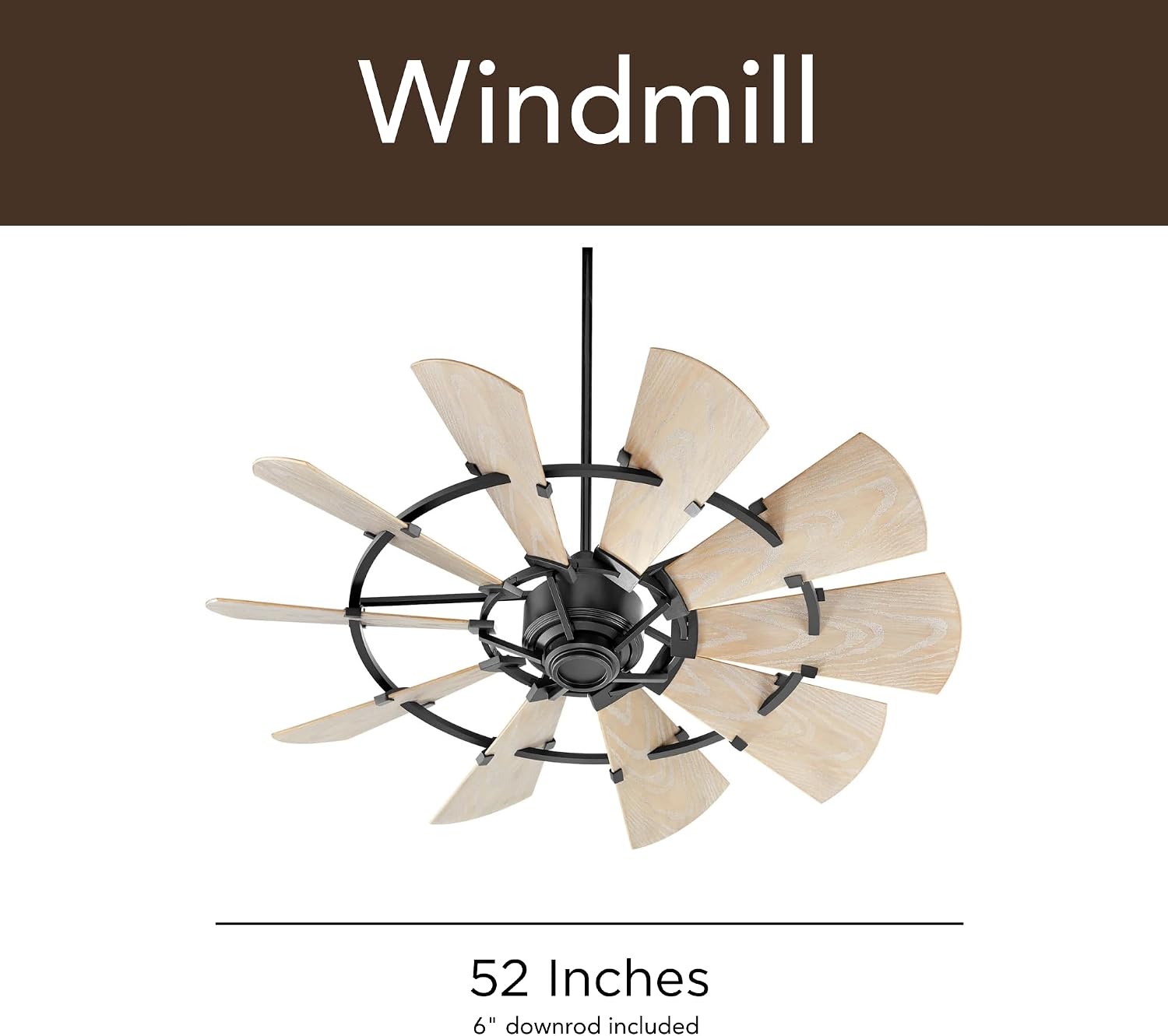 Quorum 95210-69 Windmill 52 Inch Ceiling Fan | 10 Blade Wagon Wheel Design | 6 Speed Reversible DC Motor | Remote Control Included | Dry Rated Indoor Fan | Weathered Oak Blades | Textured Black Finish