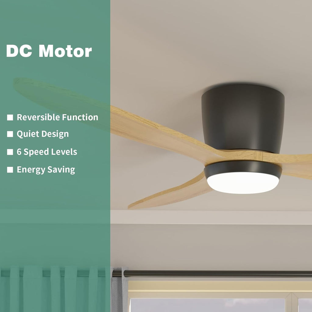 Flush Mount Ceiling Fan with Light, 52 inch Low Profile Ceiling Fans with Remote for Outdoor/Patios, 3 Color Light, 6 Speed, DC Motor, Wood and Modern Matte Black