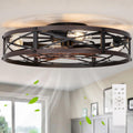SHLUCE 24' Farmhouse Caged Flush Mount Ceiling Fan with Light, Rustic Low Profile Bladeless Ceiling Fans with Lights and Remote, Modern Large Ceiling Fan with Light for Bedroom, Kitchen, Brown - ETL