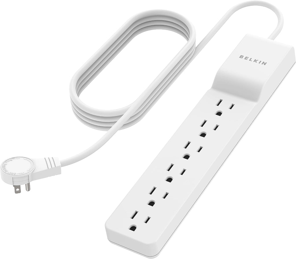 Belkin Surge Protector Power Strip-6 AC Multiple Outlets-Flat Rotating Plug,8ft Long Heavy-Duty Extension Cord for Home,Office,Travel,Computer Desktop&Charging Brick-White (720 Joules),(Pack of 6)