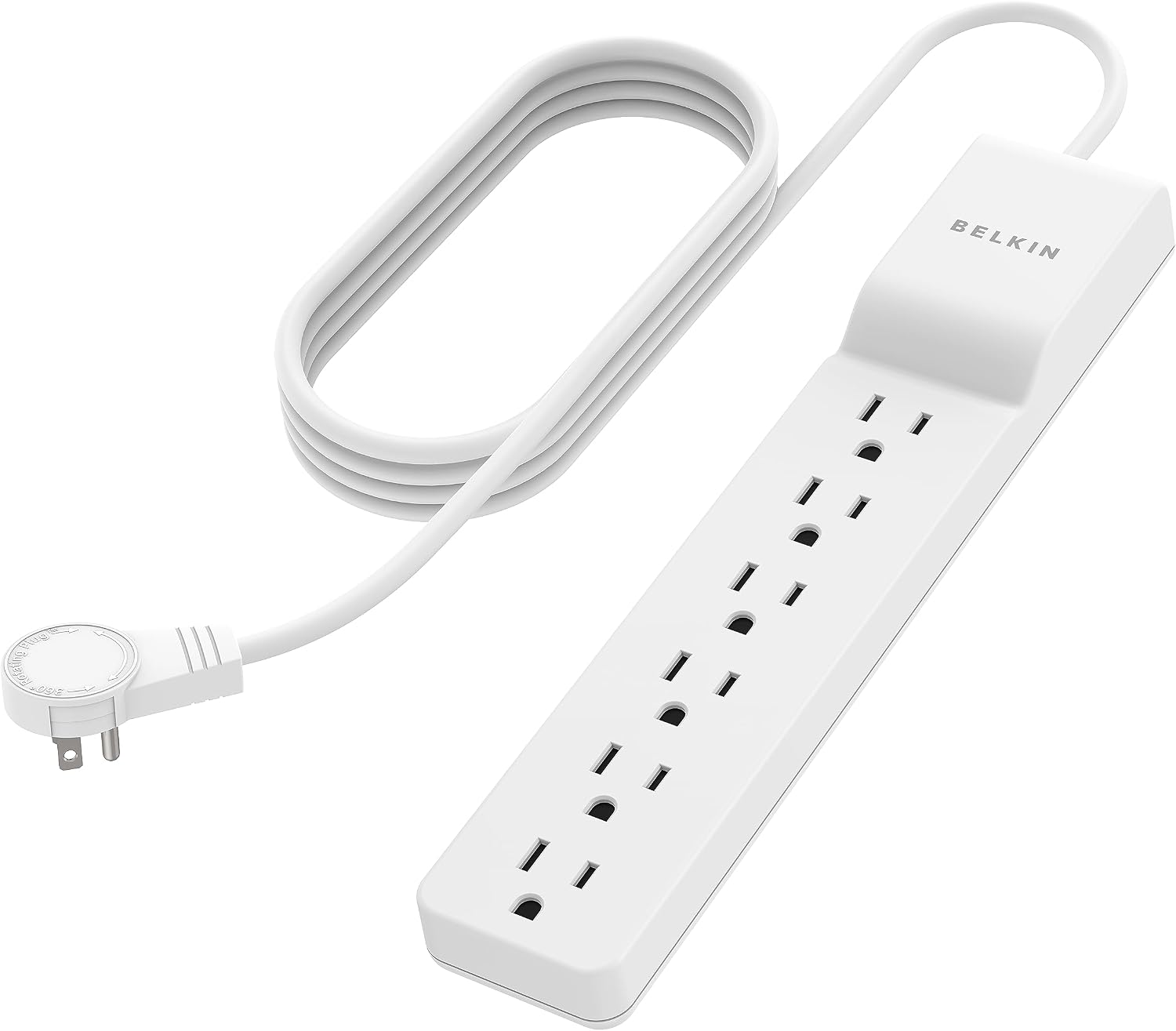 Belkin Surge Protector Power Strip-6 AC Multiple Outlets-Flat Rotating Plug,8ft Long Heavy-Duty Extension Cord for Home,Office,Travel,Computer Desktop&Charging Brick-White (720 Joules),(Pack of 6)