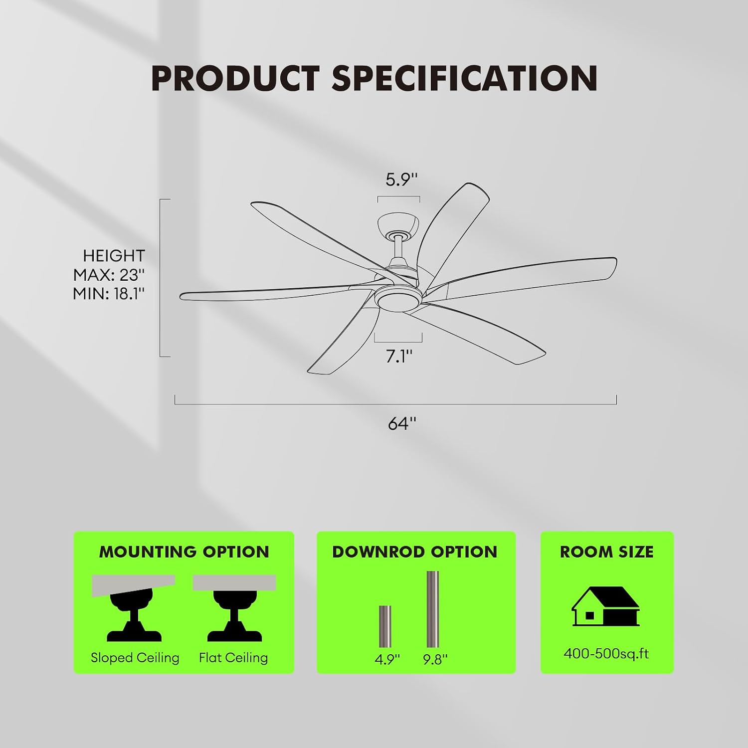 64 Inch Ceiling Fans with Lights,Indoor and Outdoor Modern Ceiling Fans with Lights and Remote,3-Color Light 6-Speed Timing Reversible DC Motor for Bedroom,Living Room,Patio and Kitchen