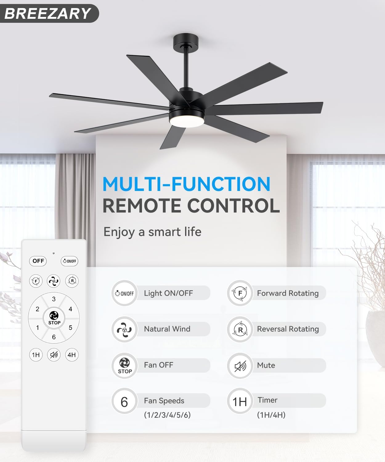 Farmhouse Ceiling Fans with Lights and Remote, 62 Inch Industrial Black Ceiling Fans with 6-Speed Reversible DC Motor, 3 CCT, Dual Finish 7 Blades, Indoor/Outdoor Ceiling Fan for Patio Bedroom