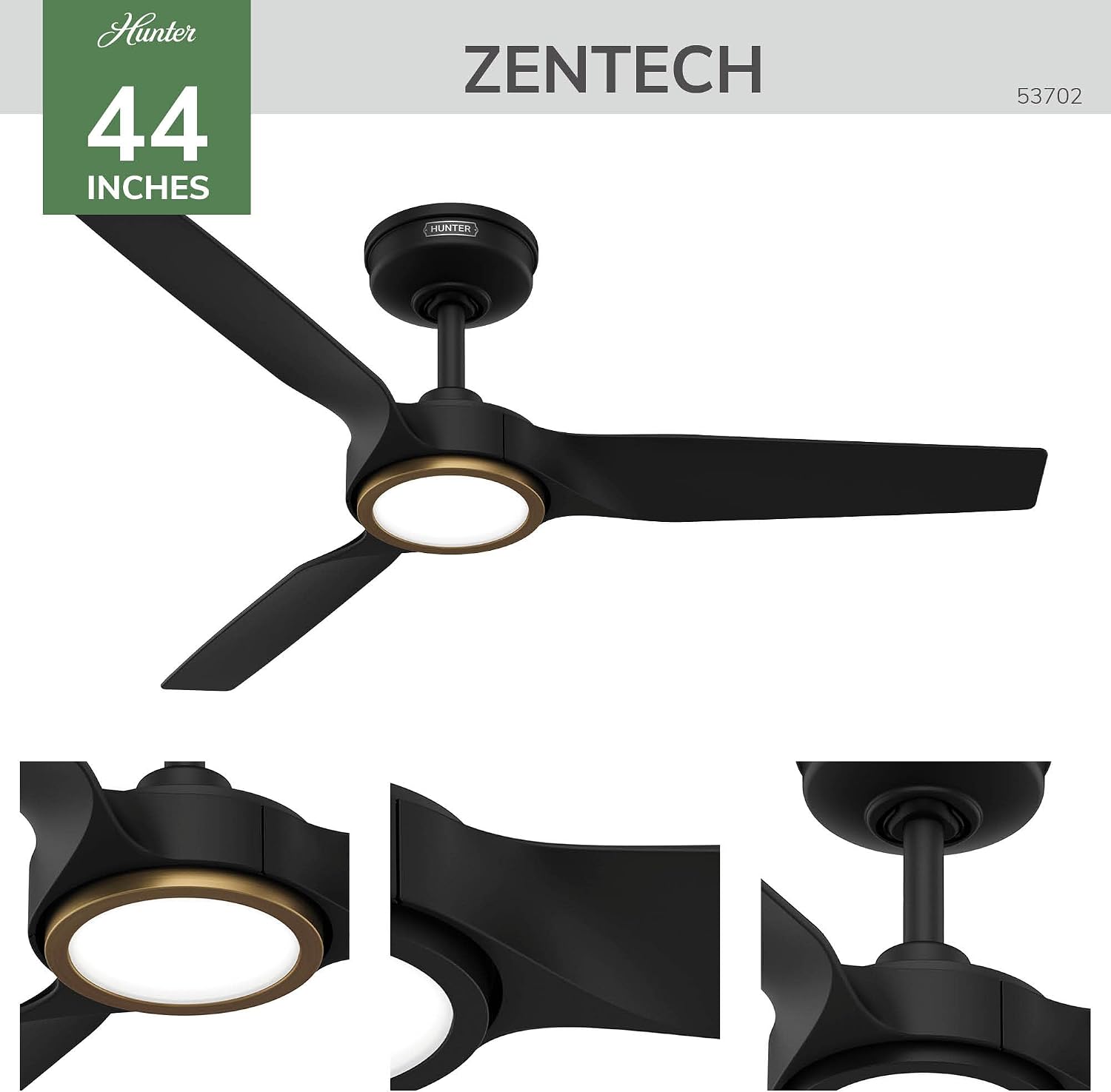 Hunter 44' ZenTech Outdoor Smart Ceiling Fan, LED Light, Remote, Black | ENERGY STAR certified with Apple, Google, Alexa support and covered outdoor use for small rooms, offices, or porches.