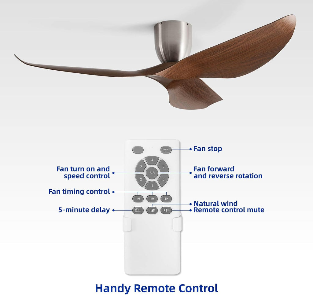 60' Walnut Color Flush Mount Ceiling Fan with Remote, No Light | Modern Low-Profile, Heat Resistant ABS Blades, 6-Speed Reversible Quiet DC Motor for Balcony, Living Room, Bedroom