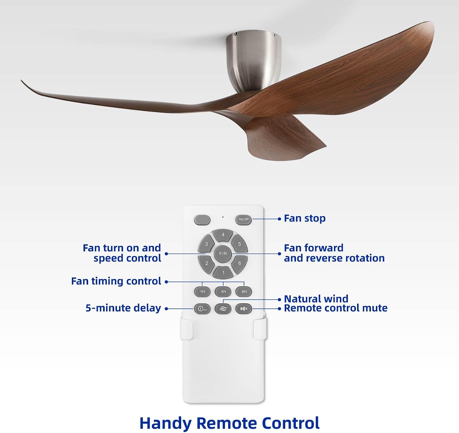 60' Walnut Color Flush Mount Ceiling Fan with Remote, No Light | Modern Low-Profile, Heat Resistant ABS Blades, 6-Speed Reversible Quiet DC Motor for Balcony, Living Room, Bedroom